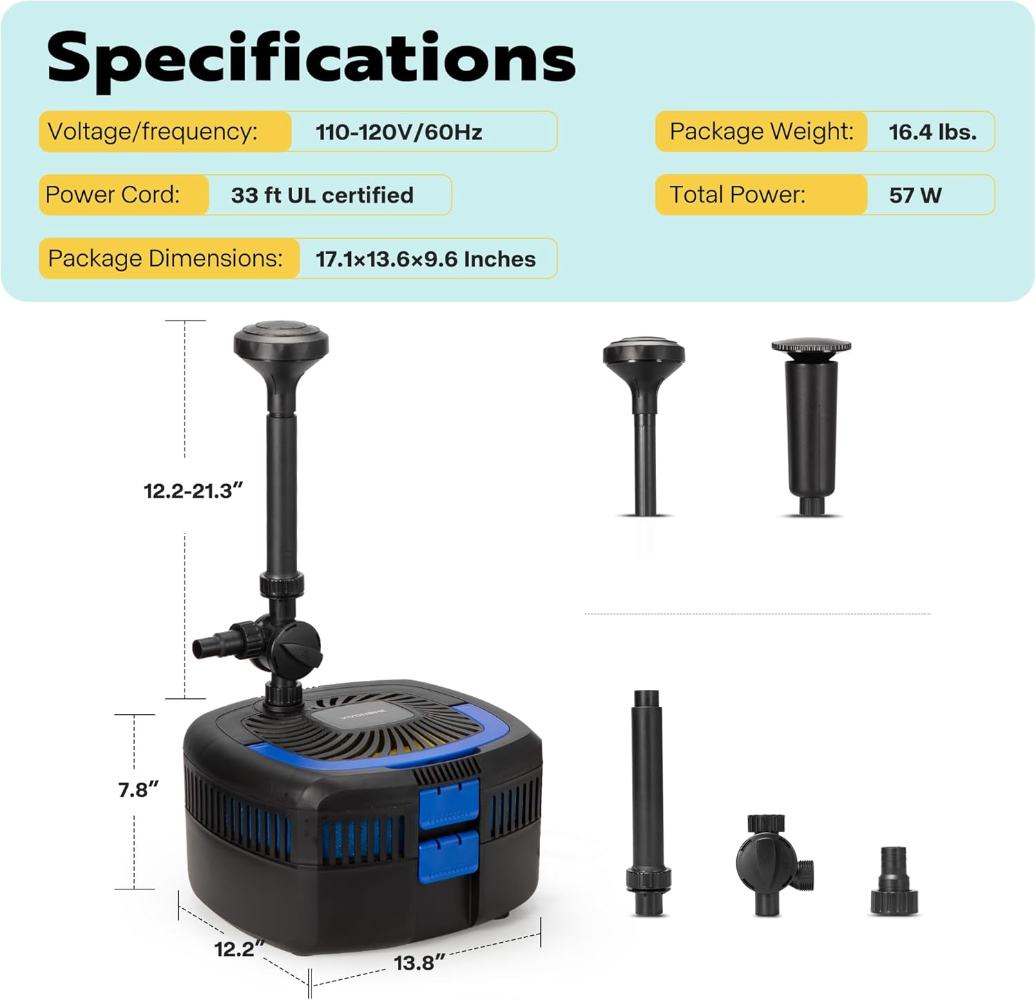 VIVOHOME Pond Filter System Specifications and Dimensions