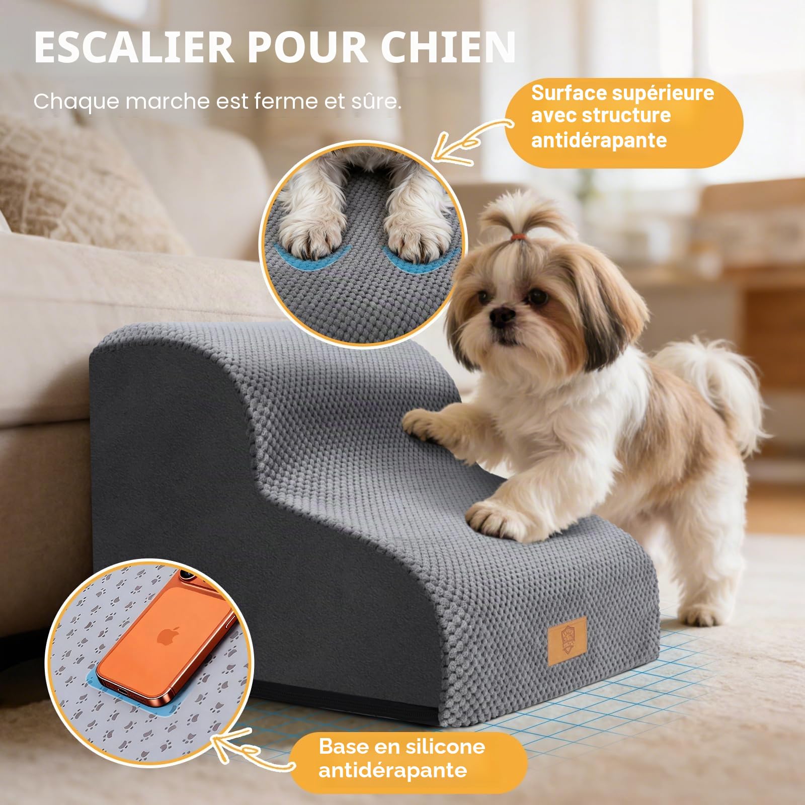 Zvonema Escalier pour Chiens et Chats 2 marches, Escalier pour Animaux en Mousse Haute Densité, Rampe pour Chien en Éponge avec Couvercle Amovible, Escaliers Antidérapants pour Animal Âgé