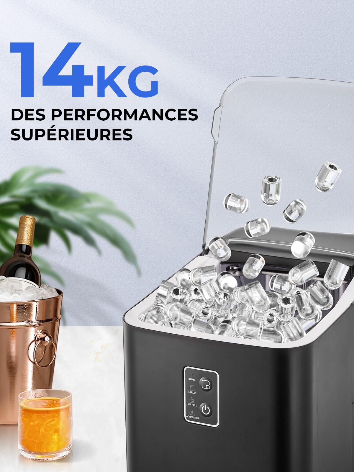 FOHERE Machine à glaçons, glaçons en 5 minutes, 14 kg en 24 heures, mini machine à glaçons autonettoyante, 2 tailles de glaçons pour la Cuisine/Camping/Maison (Noir Sombre)