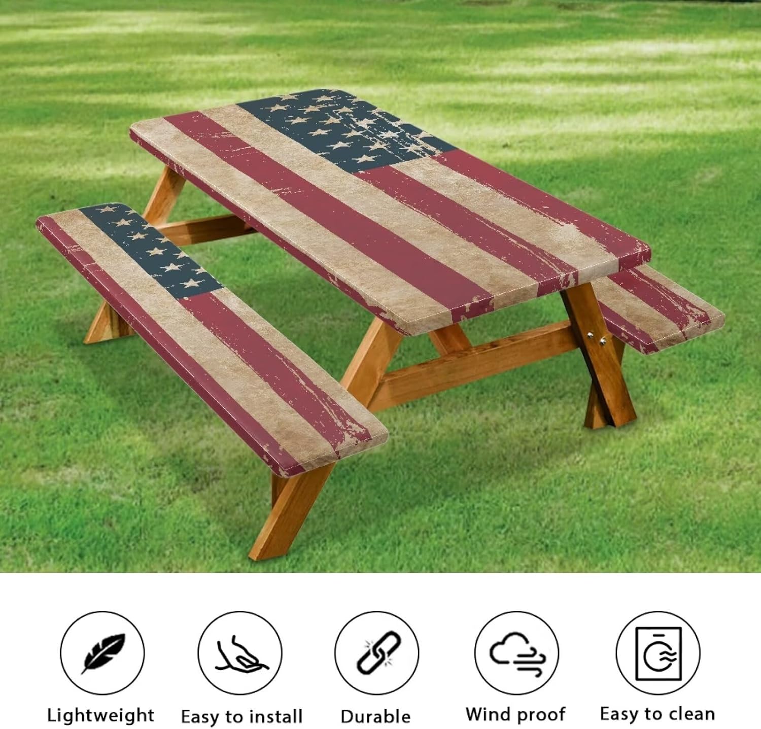 American Flag Picnic Table Cover with Bench Covers Reusable Rectangle Table and Seat Covers with Elastic Edges Fits for Table 30"x 72"/30" x94 Camping RV Gear Must Have