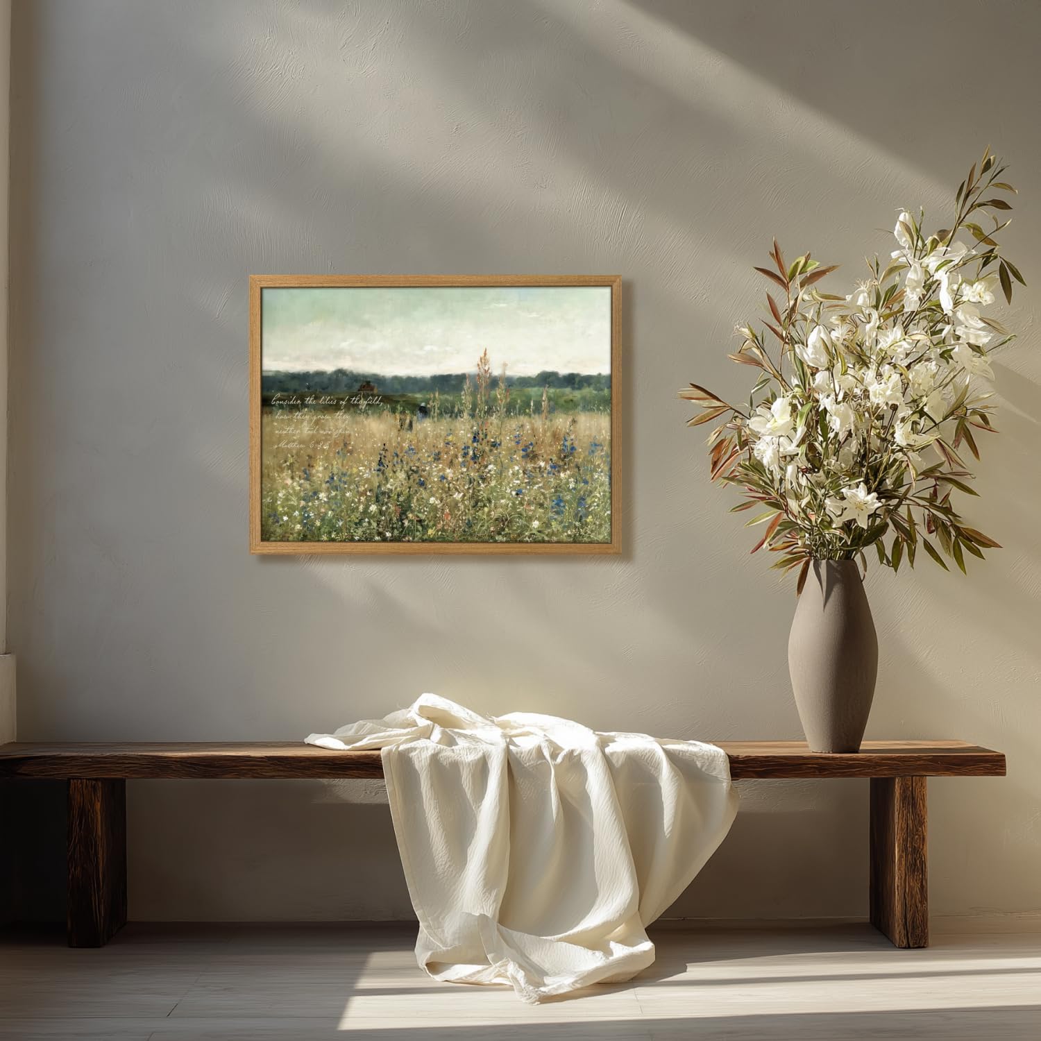 HLXRAE Christian Scripture Canvas Wall Art, “Consider the Lilies” Bible Verse Wall Decor, Rustic Wildflower Poster Print, Vintage Religious Artwork for Church Prayer Bedroom Wood Framed 16x24 Inch