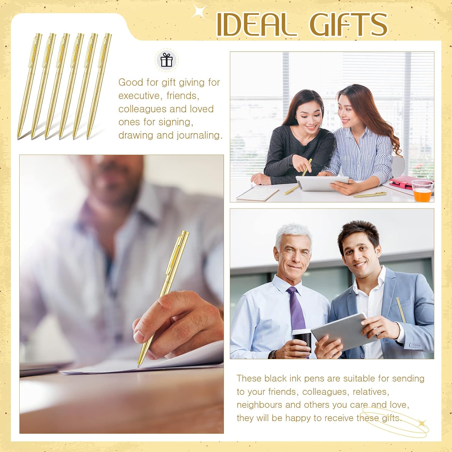 Sabary 60 Pieces Bulk Gold Pens Slim Metallic Retractable Ballpoint Pen - Black Ink 1.0 mm Medium Point, Smooth Writing for Office, Wedding Guest Books & Business Use(Gold,Stylish Style) - Image 6