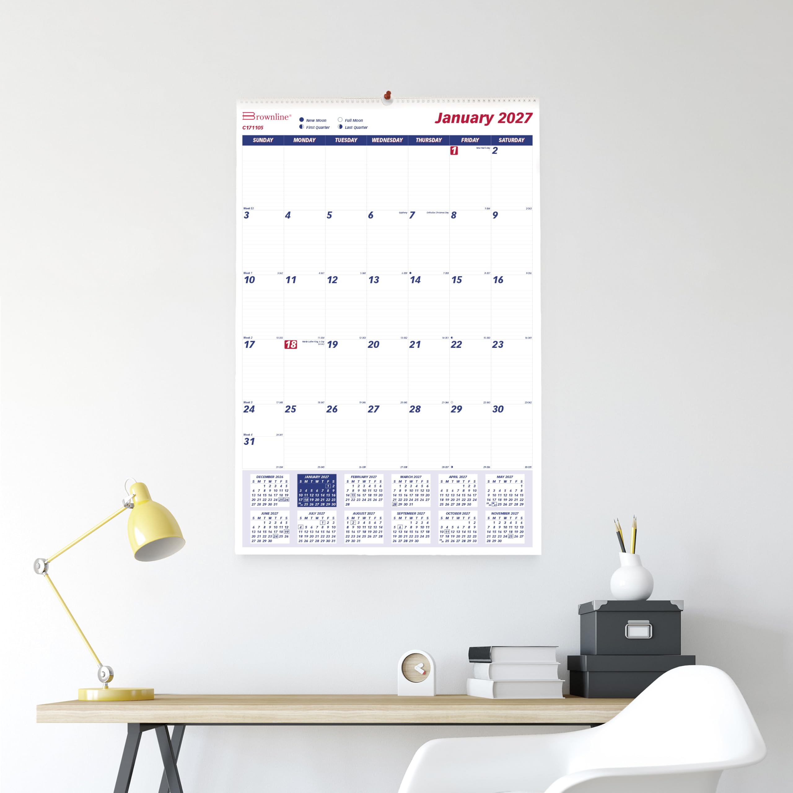 Brownline® C171105 Monats-Wandkalender 2027, 12 Monate, Januar bis Dezember, Doppeldrahtbindung, 50,8 x 76,2 cm