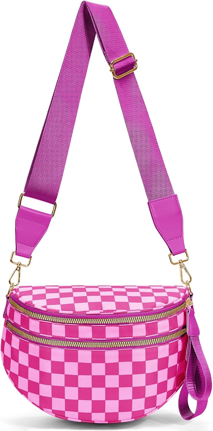 hibear Checkered Crossbody Bag Spacious Bum Bags for Women Nylon Crossbody Fanny Packs Checkered Purse Belt Wallet