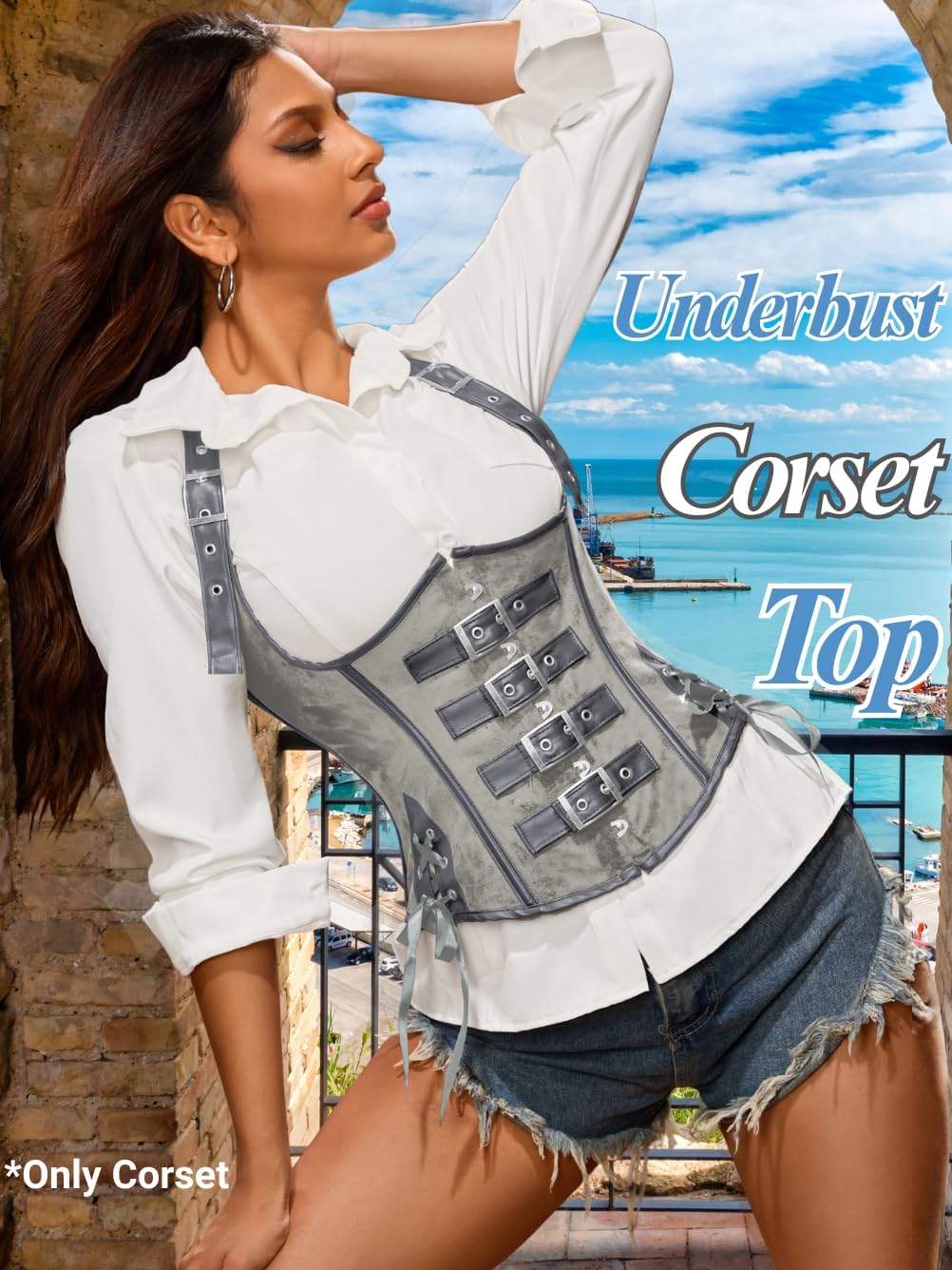 ChiaoLezhee Halter Buckle Underbust Corset with Straps, Lace-Up Waist Cincher Belt Boned, Rave Concert Club Tops For Women