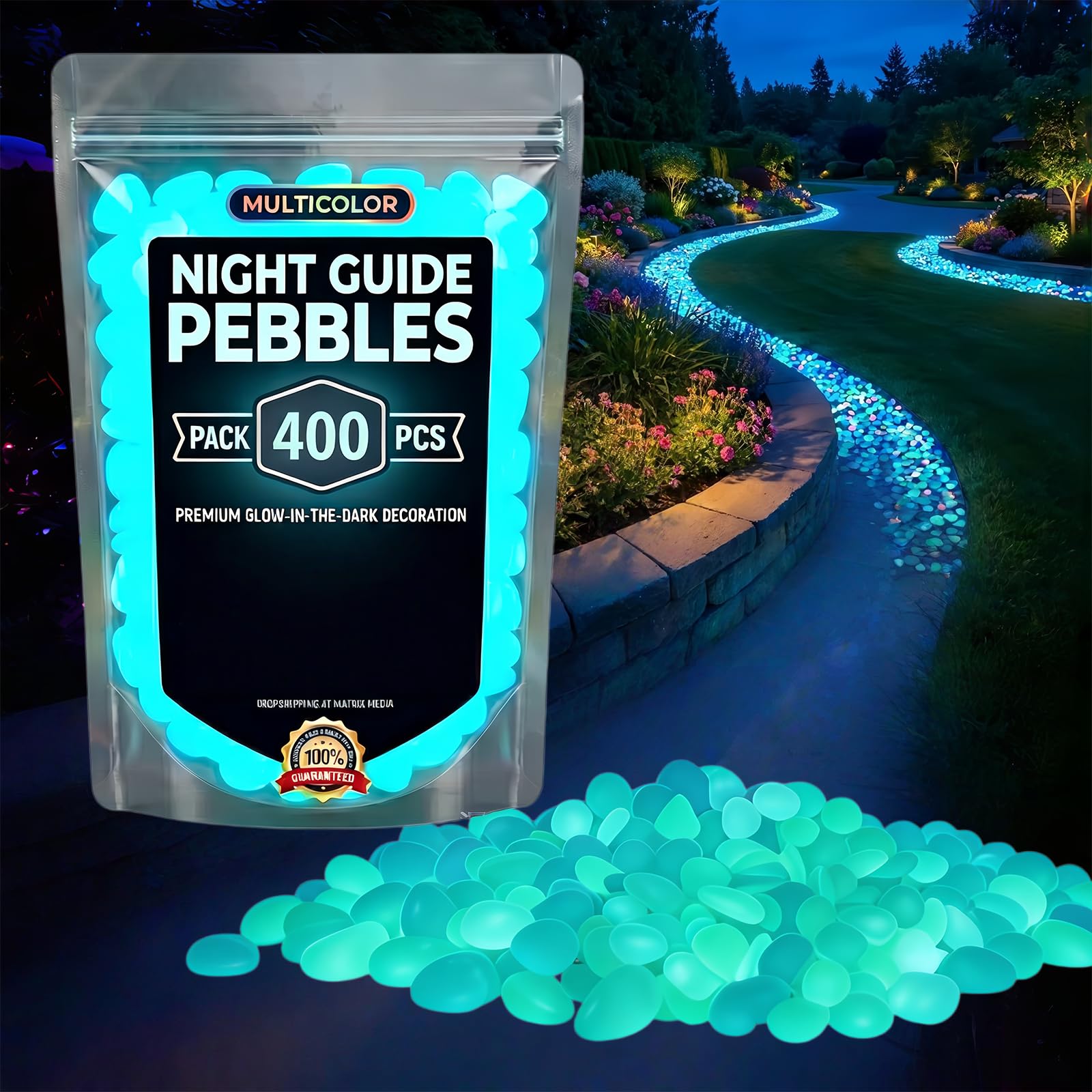 Colorful Glow in the Dark Pebbles 1000pcs – Night Guide Luminous Garden Stones Rocks for Walkways Outdoor Landscaping & Stepping Yard Decor – Aquarium Fish Tank Decorations (Blue,400Pcs)