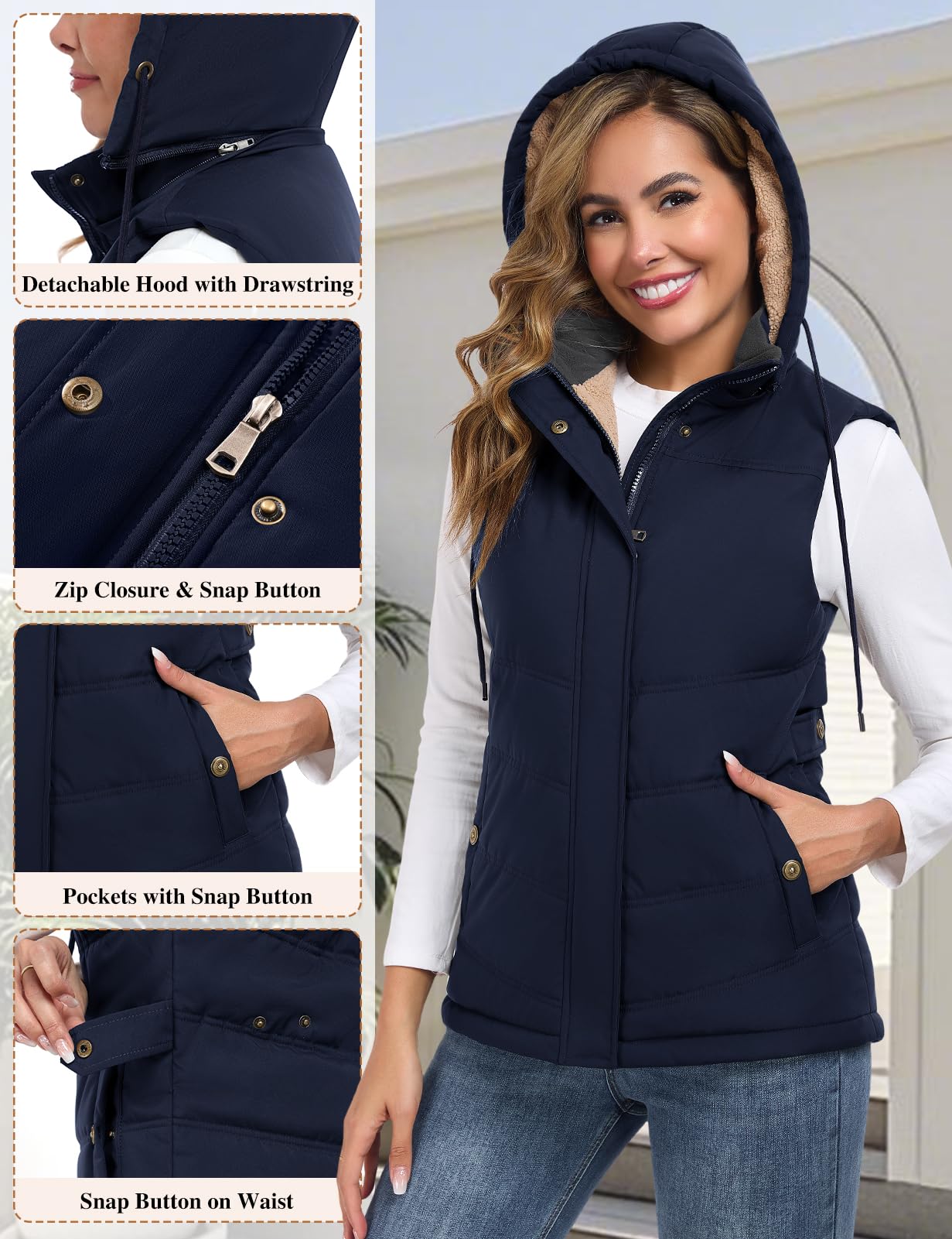 Chaleco Mujer Invierno Térmico Acolchado Chaqueta sin Mangas Forro Polar con Capucha Bolsillos