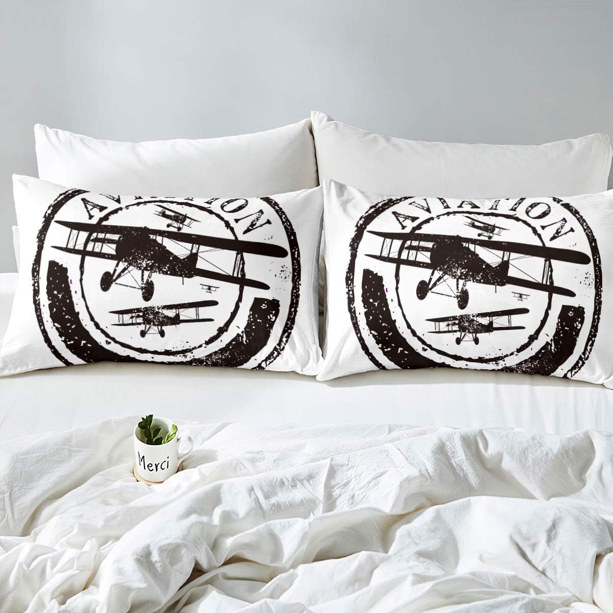 Feelyou Aviation Bedding Set for Teens Boys,Black and White Vintage Aircraft Comforter Cover Kids Child,Retro Hipster Lightweight Soft,Decor Queen Size 3 Pcs (1Duvet Cover+2 Pillowcases),Zipper
