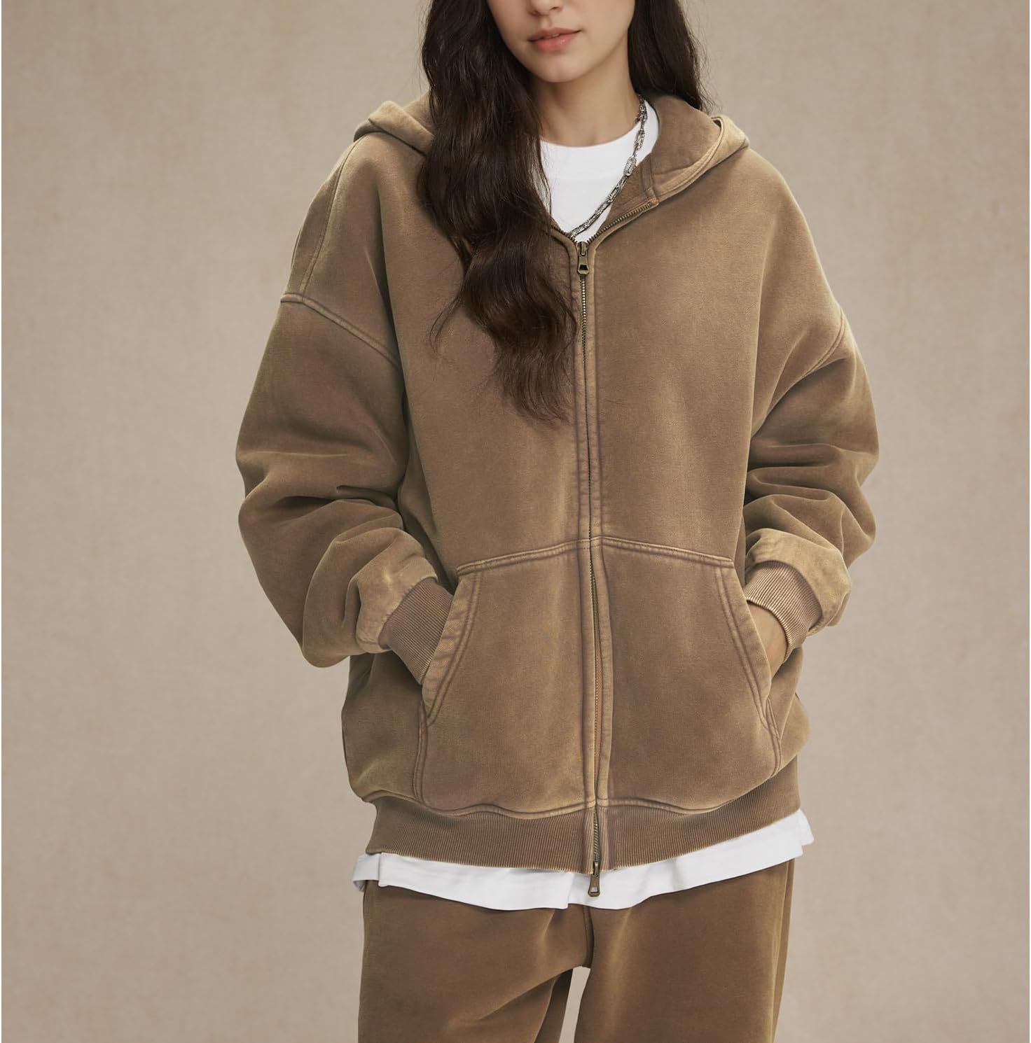 Womens Double Zip Up Hoodies Oversized Heavyweight Fleece Sweatshirt Acid Wash Hoodie Vintage Distress Cotton Jacket - Image 7