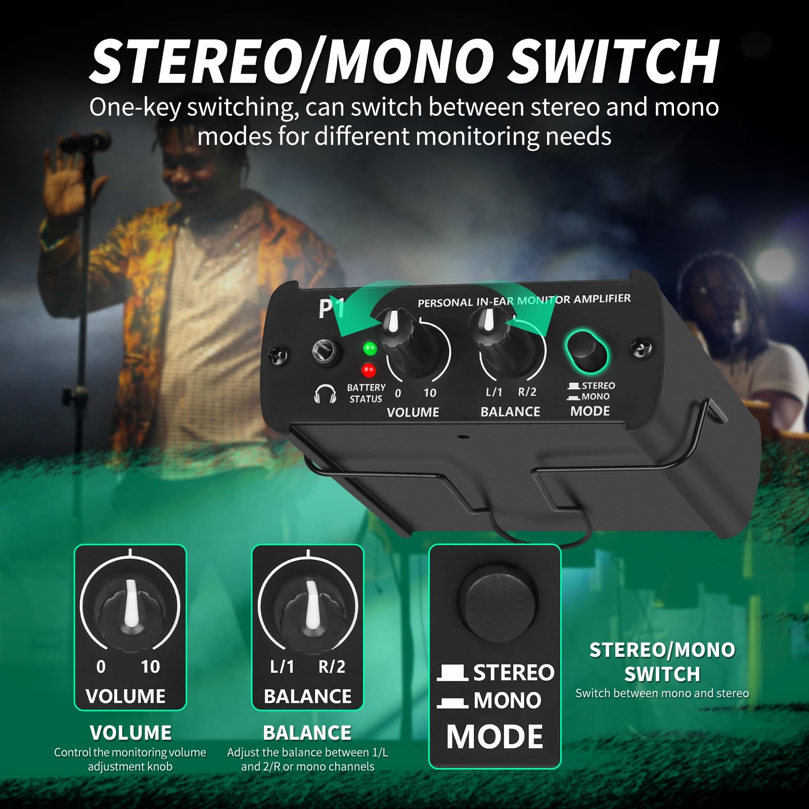 Sistema de monitor intrauditivo personal, amplificador de auriculares ultracompacto con entrada XLR y TRS, mono, mono dual y estéreo