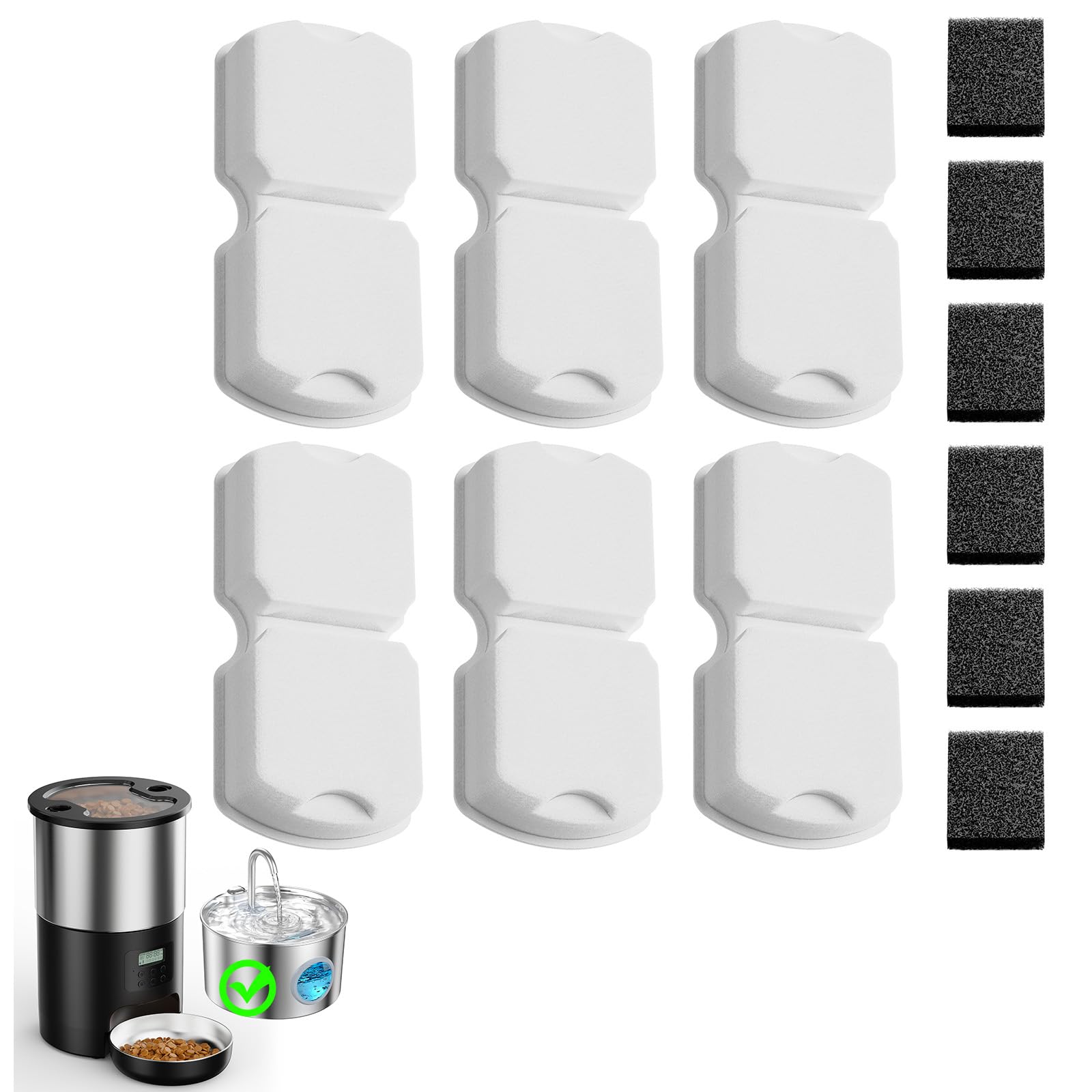 VOUAAOOD Cat Water Fountain Filters: 12 Cat Fountain Filters Replacement for A7 - Pet Water Fountain Filters - 3 Months Usage Kit of Indoor Pet Fountain Filter - 6 Carbon Filters + 6 Sponges Filters