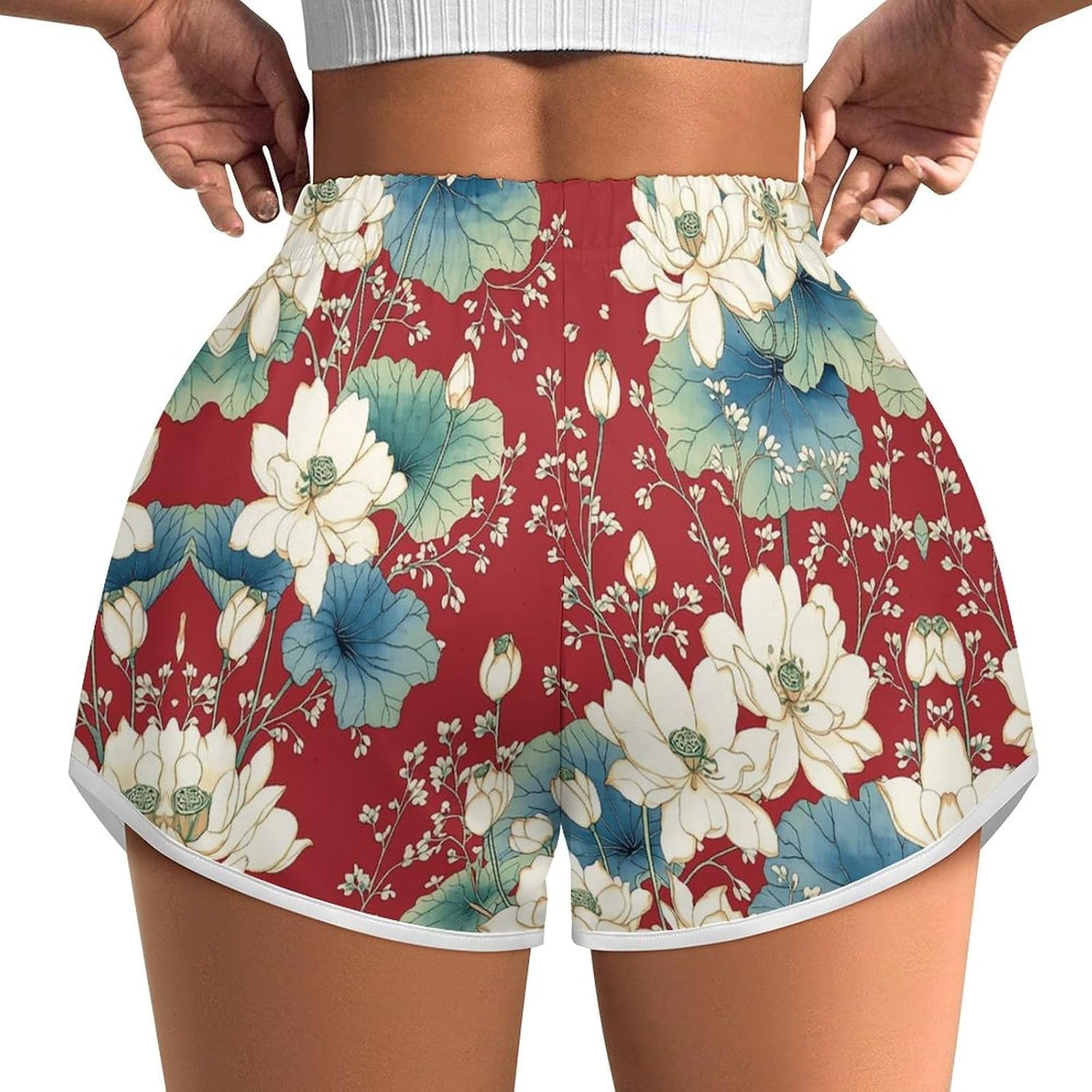 Red White Floral Novelty Floral Tropical Print Shorts Ladies Lightweight Loose Holiday Beach Shorts