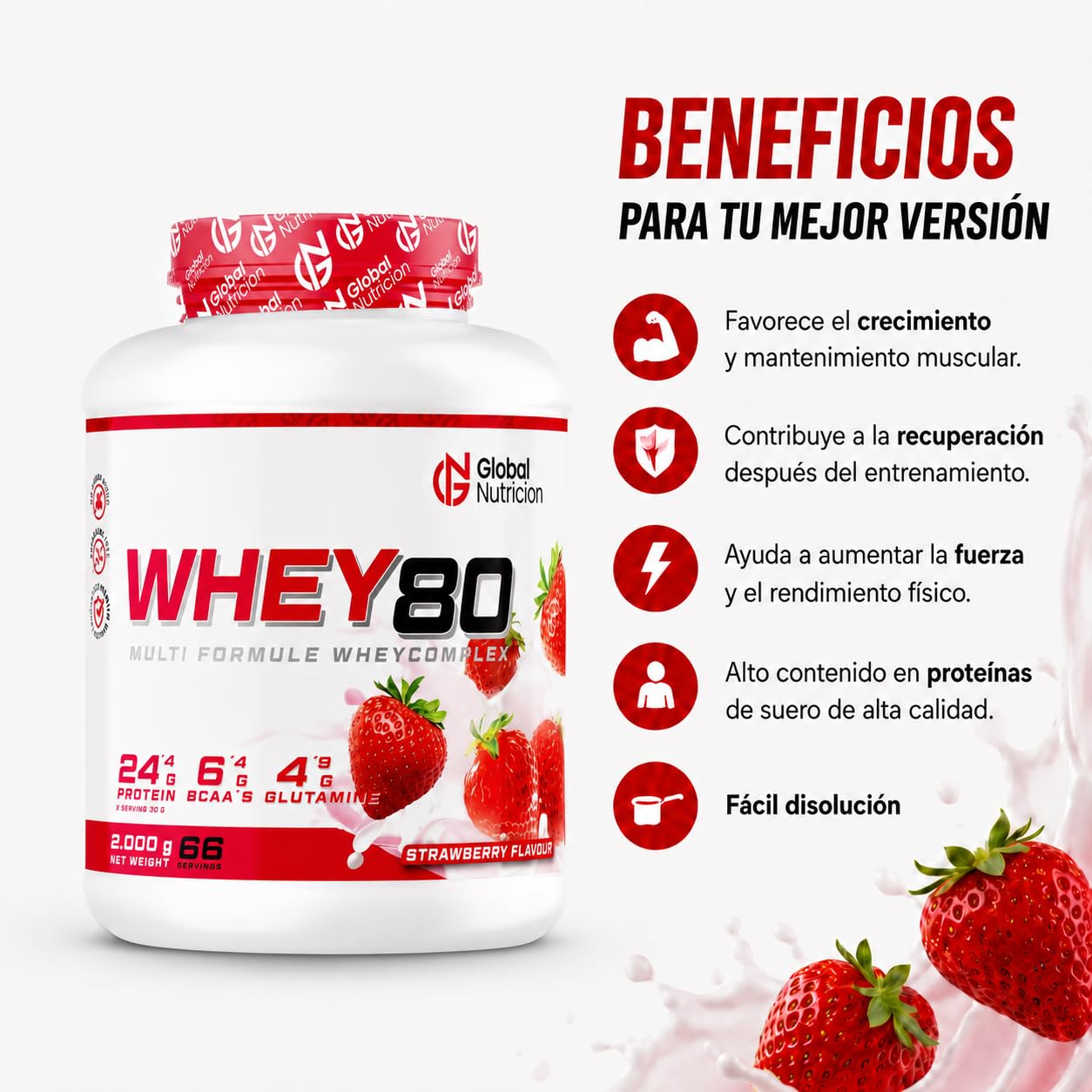 GlobalNutricion Whey 80 Białko w proszku serwatki 2 kg Truskawka | Naturalne BCAA, Niskotłuszczowe i cukrowe, przyczynia się do wzrostu masy mięśniowej, Poprawia Twoje treningi