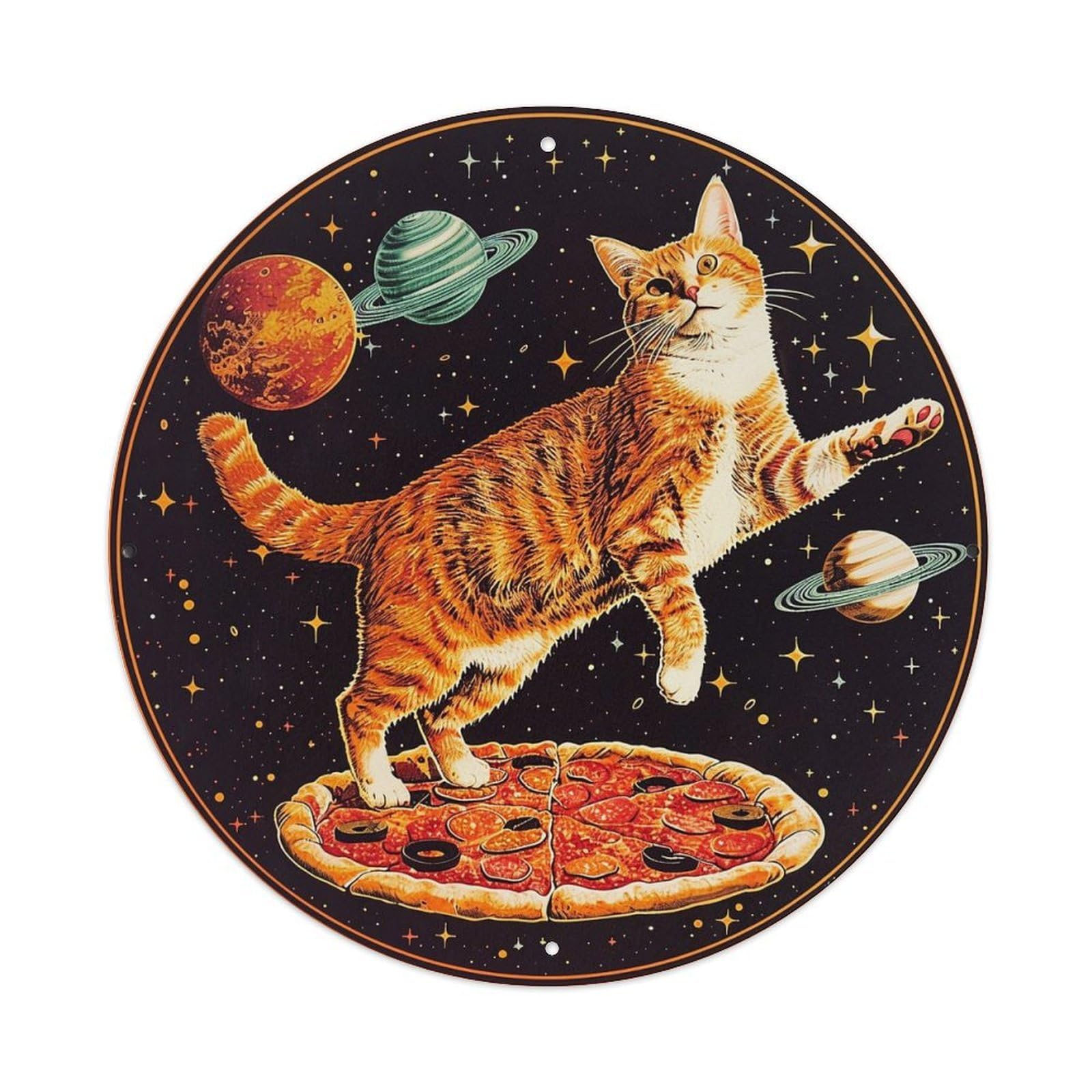 Cat On Pizza In Space Vintage Metal Tin Sign Retro Wall Decor for Home Bar Garage Cafe, Indoor & Outdoor Decorative，circle Metal Poster, 8x8 Inch