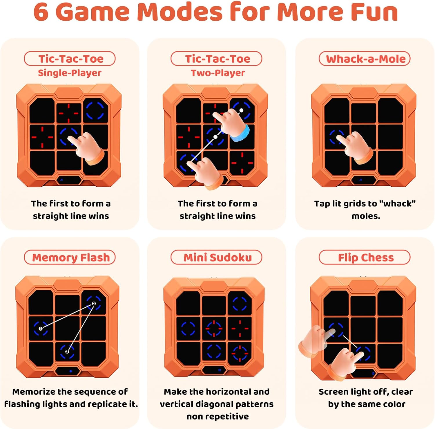 6-in-1 Electronic Tic Tac Toe Game, Handheld Digital Tic Tac Toe Bolt Game, Portable Travel Learning Toy for Kids & Adults, Educational Memory Games for Ages 4+, Ideal Gift for Boys & Girls (Orange)