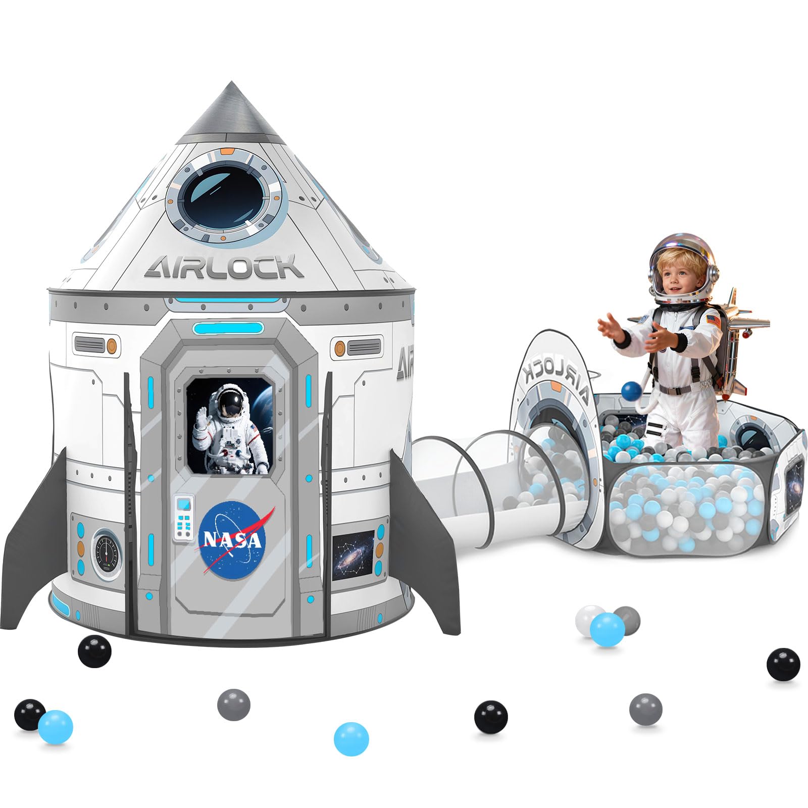 Kids Ball Pit for Play Tent: 3PC Rocket Ship Baby Gifts, Spaceship Tents and Crawl Tunnel for Toddlers, Astronaut Pop Up Playhouse Toys for Indoor Outdoor Games (White) - view 3