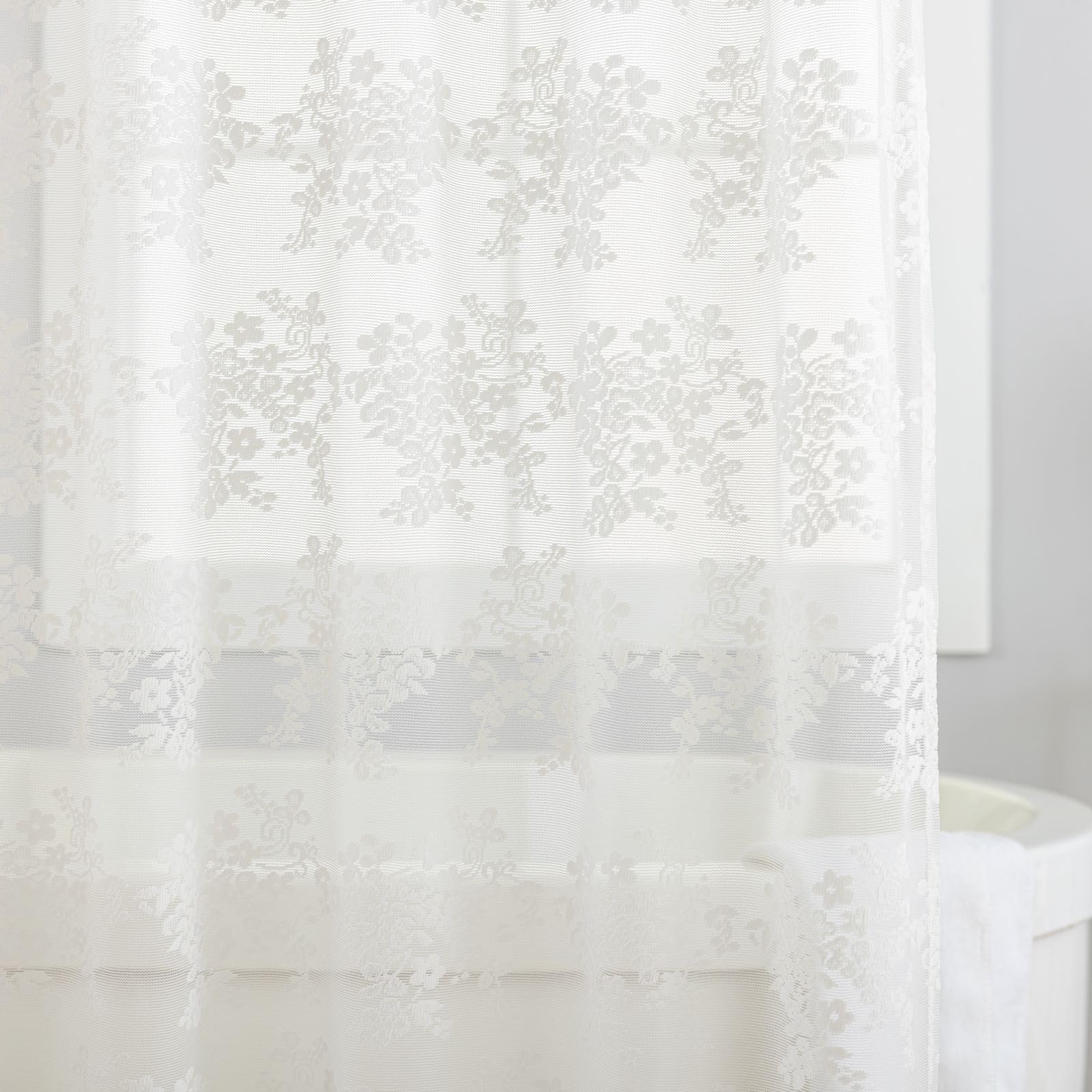 TUDECO Spitzen-Duschvorhang mit angenähtem Volant, rustikales Blumenmuster, durchscheinende Duschvorhänge für Badezimmer, gewellter Rand, verstärkte Löcher, elfenbeinfarbenes Badezimmer-Dekor, 183 x