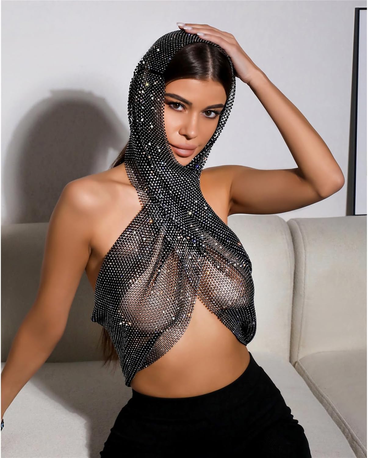 Rhinestone Mesh Tops for Women, Sexy Hood Shirt Hollow Out Tops Party Clubwear Bikini Crop Top - Image 2