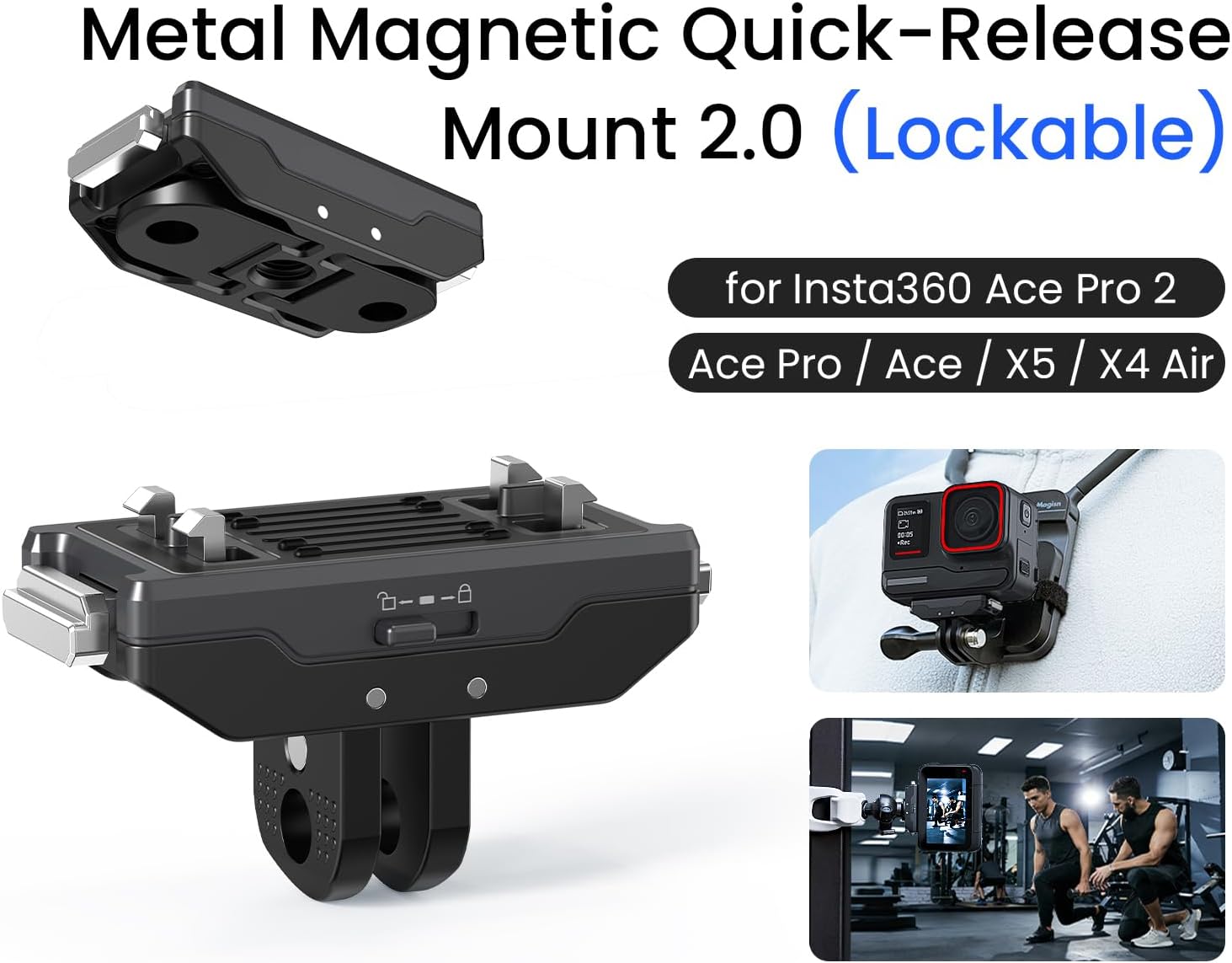 Magnetic Quick Release Base with Lock for Insta 360 X5 Accessories, Aluminum Alloy Lockable Mount with 1/4 Thread Foldable Metal Camera Adapter Holder for Insta360 X4 Air/Ace Pro 2/X4/X3/Ace Pro