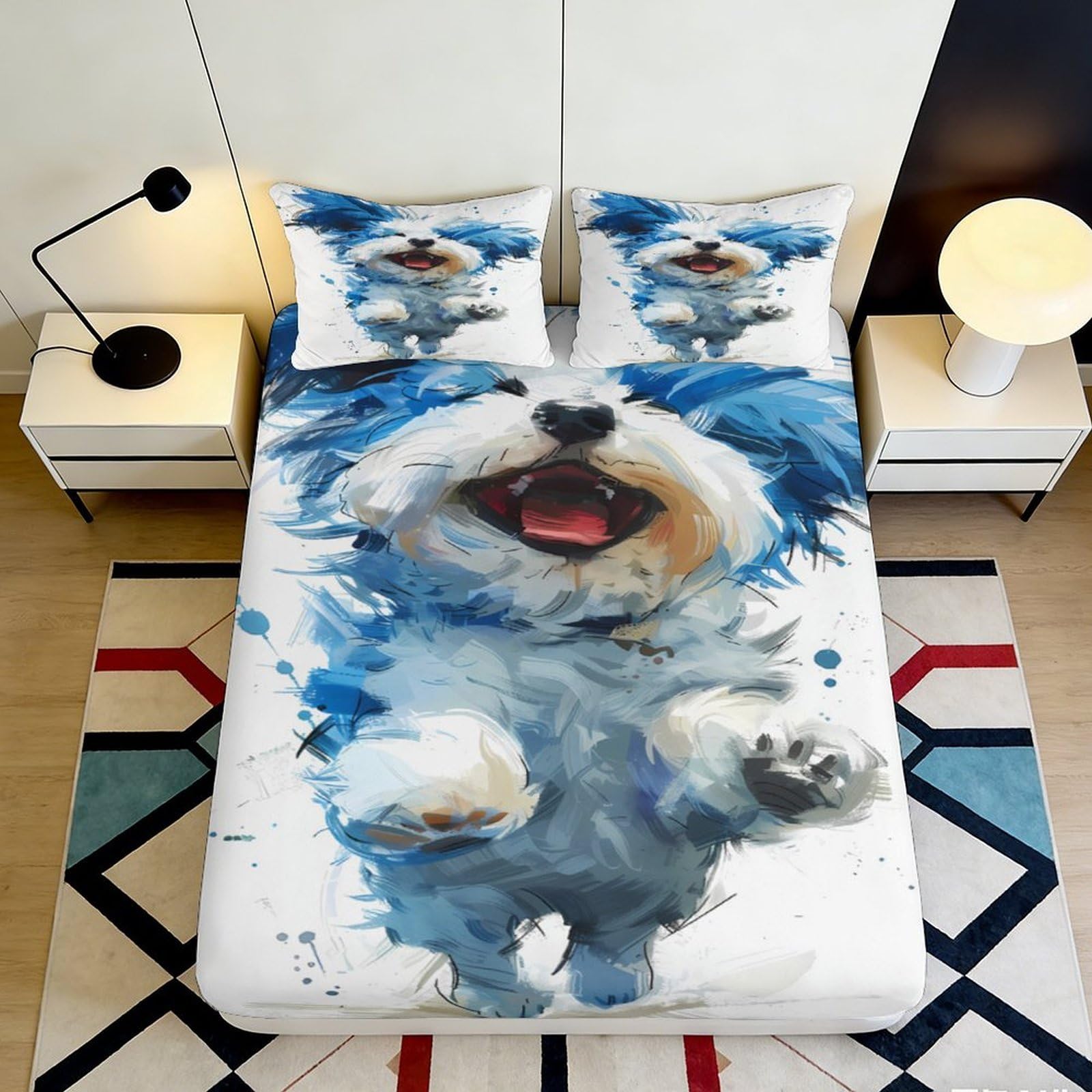 3D Printed Blue Dog Pattern Fitted Sheet Microfiber Soft Breathable Happy Puppy Bed Cover for Bedroom Dormitory Guest Room Mattress Protection 160x200x25cm