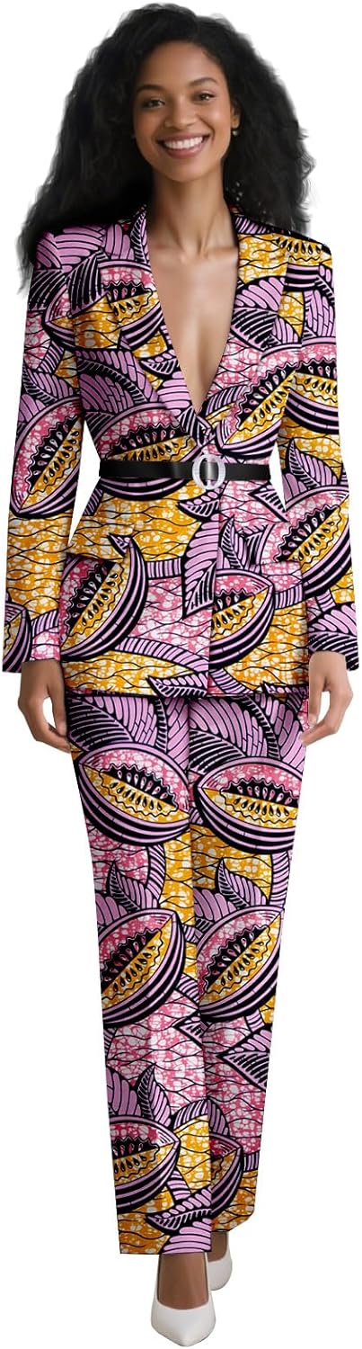 African Suits for Women Open Front Blazer with Belt and Pants 2 Piece Set Print Outfits for Lady
