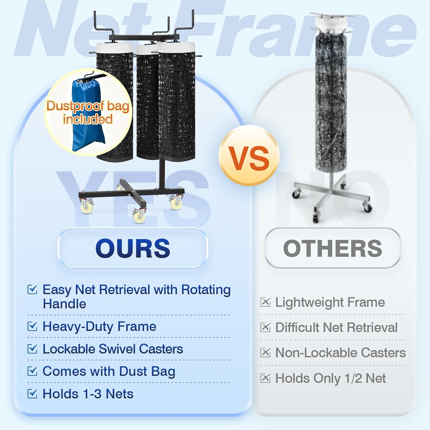 Movable Sports Net Storage Rack with Lockable Wheels, Heavy-Duty Holder for Volleyball, Tennis, Pickleball, Badminton Nets, Space-Saving Support Rack with Swivel Handle & Dust Covers