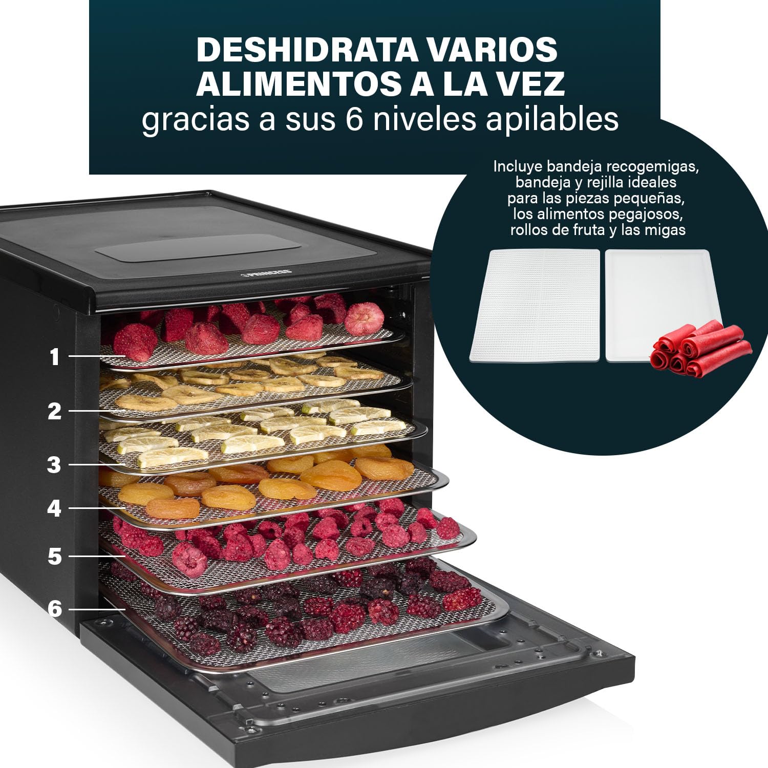 Princess Food Dehydrator con 6 Bandejas de Acero Inoxidable, Temperatura Ajustable, Pantalla Táctil, Temporizador hasta 48 Horas, 550 W, 01.112398.01.001