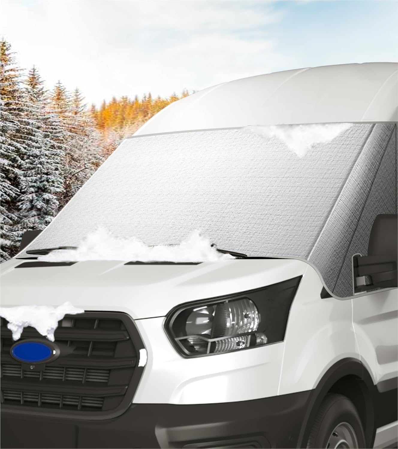 Windshield Cover for Ford Transit 2016-2025, Thick Oxford Front Window Sunshade, Class B Windshield Cover for Ice & Snow, Gray with Mirror Cutouts
