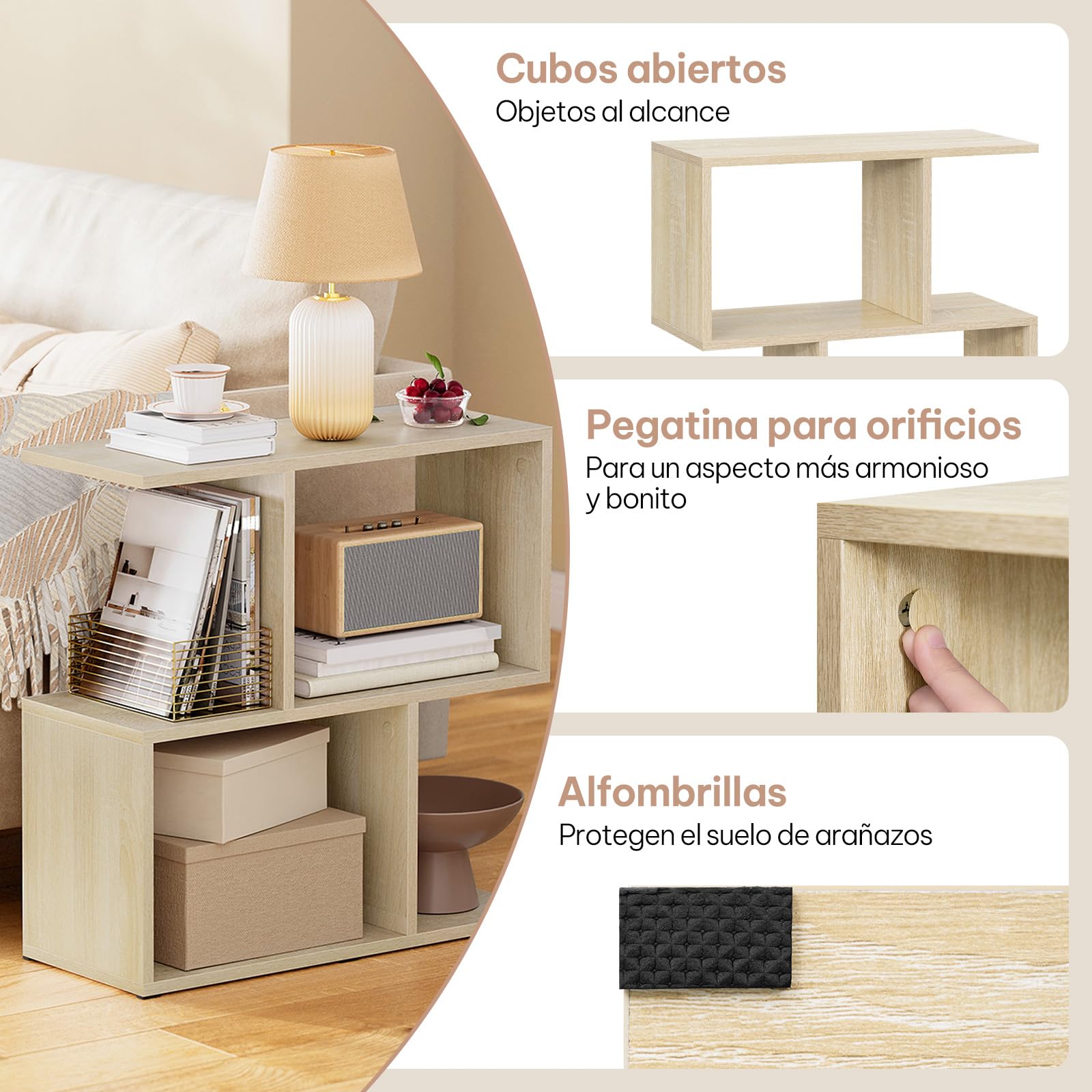 eSituro Mesa Auxiliar de Sofá, Mesita en Forma S, Mesa de Centro con 4 Estantes Abiertos, Mesita Auxiliar para Salón, Estudio, Dormitorio, Ahorro de Espacio, Roble Claro