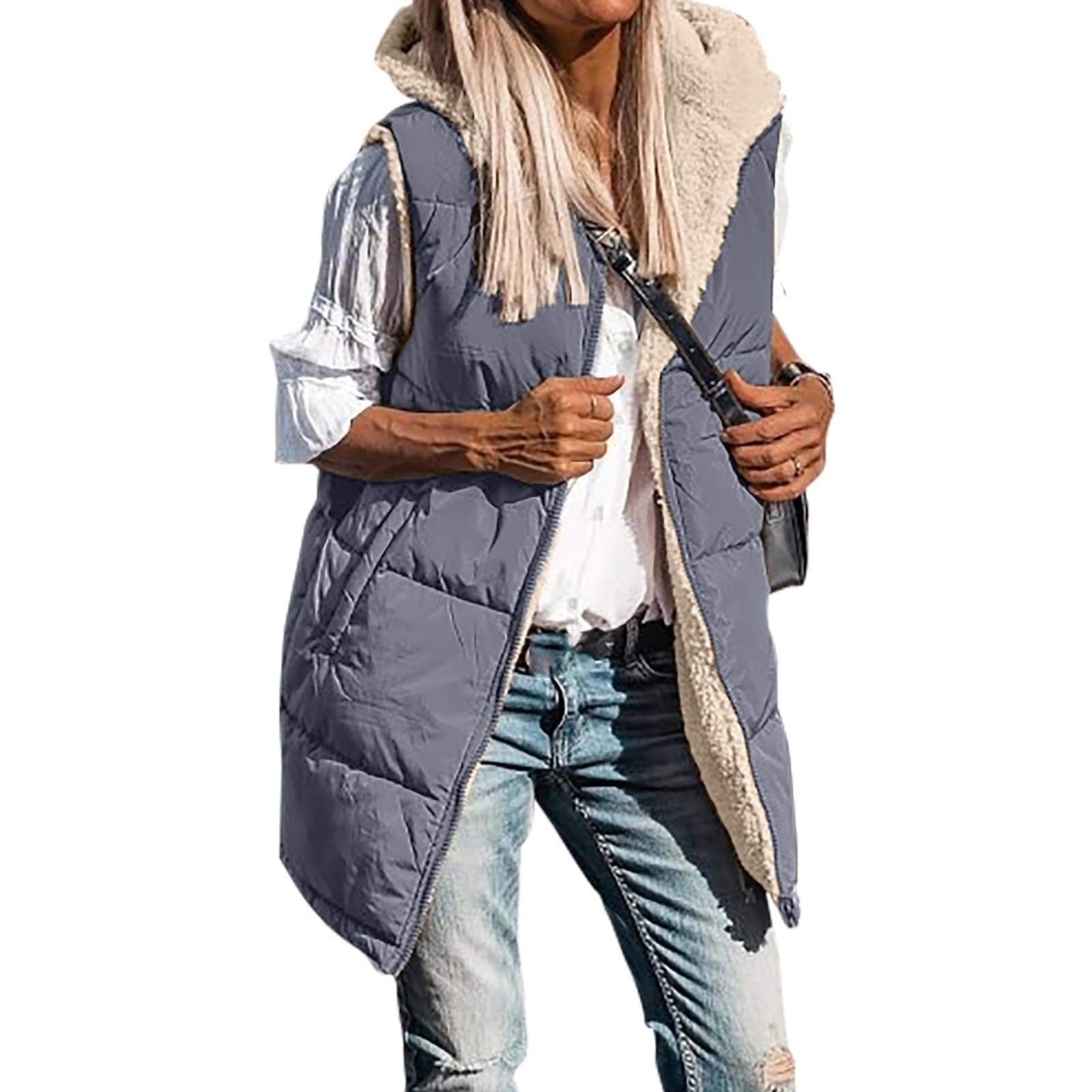 Gilet Réversible À Capuche Sans Manches Pour Veste Doublée En Polaire Avec Poches Fermeture Éclair Complète Vêtements D'extérieur Mode D'hiver Veste Réversible Sans Manches