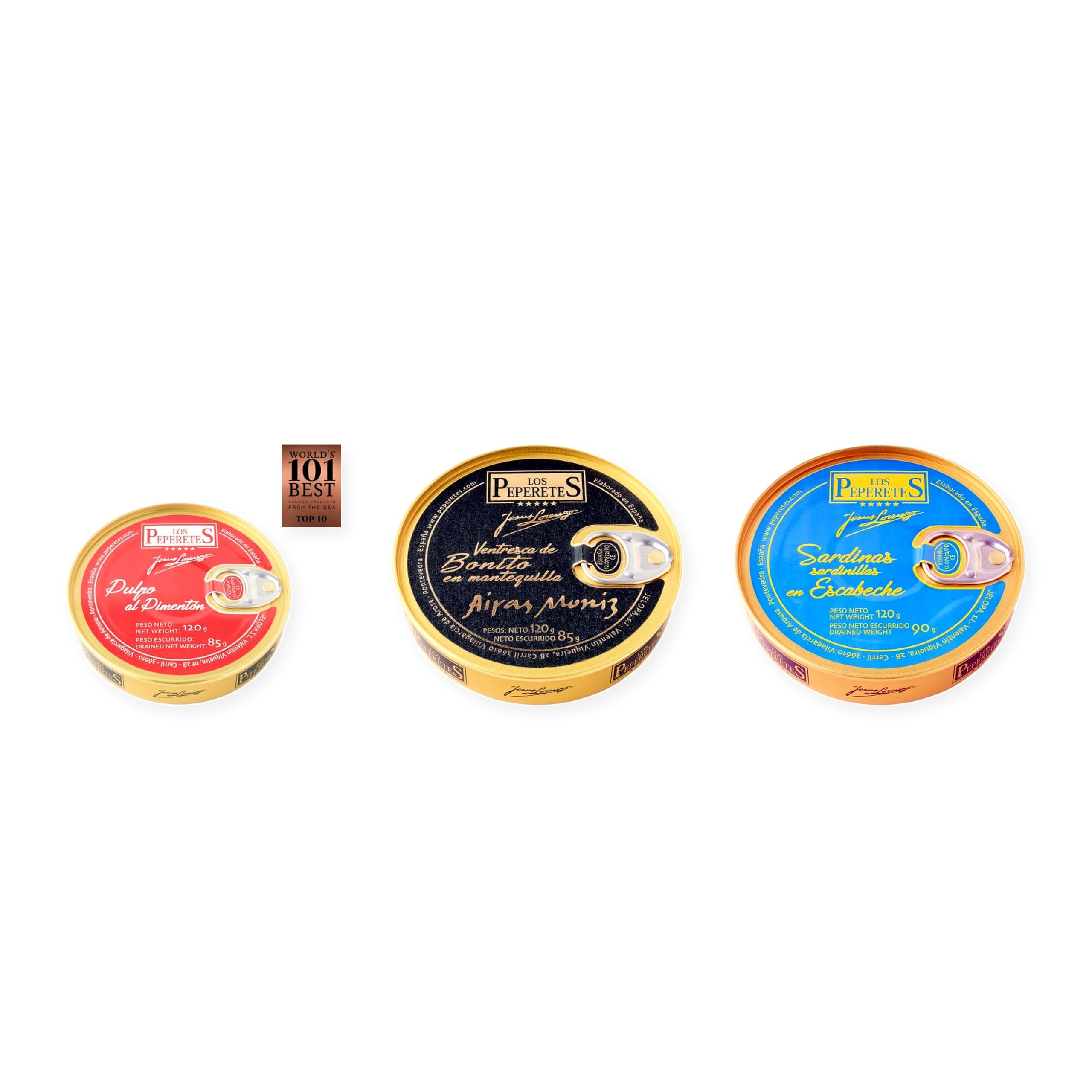 los peperetes conservas Pulpo Pimentón, Ventresca Bonito Mantequilla y Sardinillas Escabeche pack 3 latas