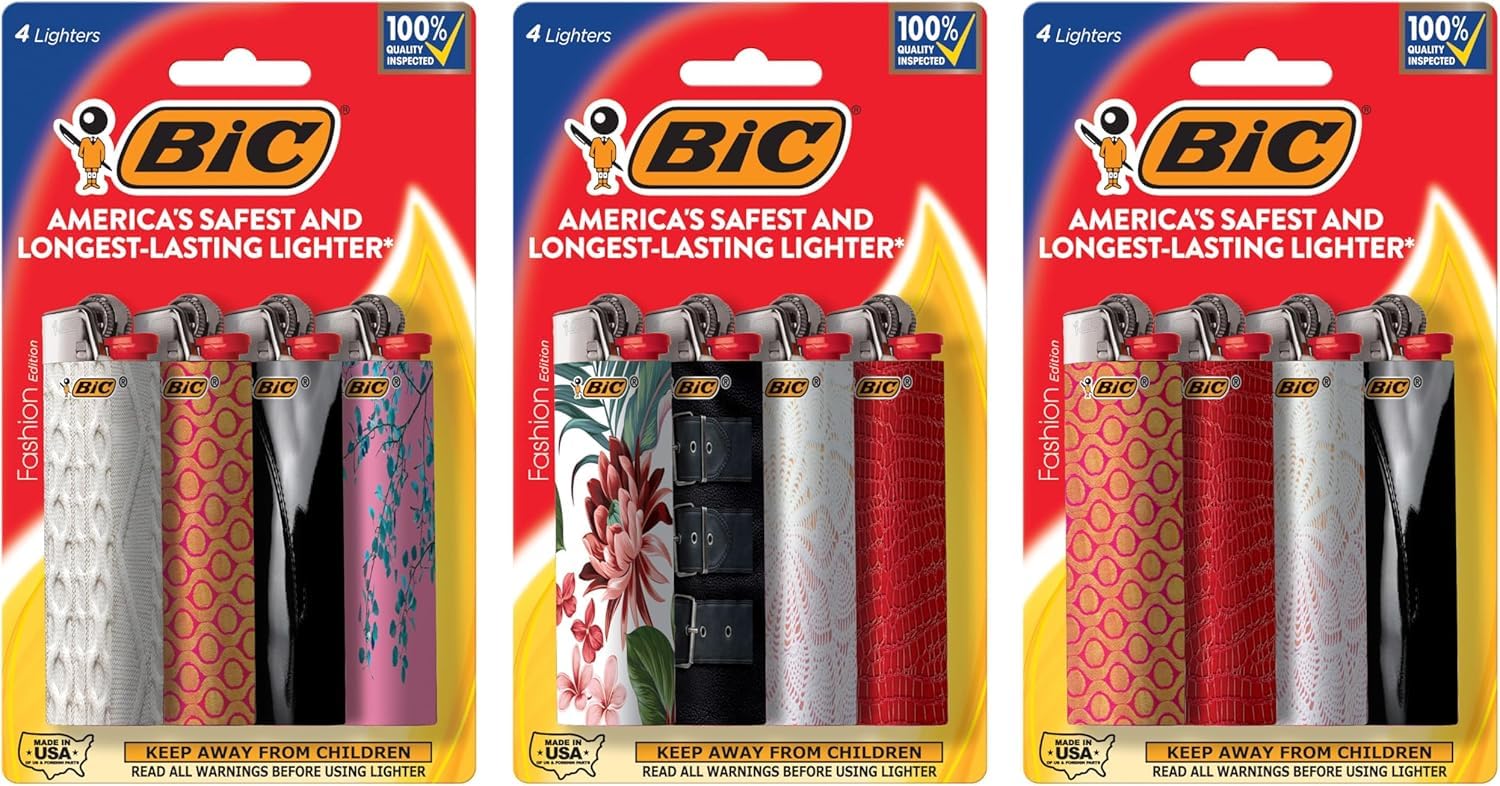 BIC Maxi Special Edition Pocket Lighters Long-Lasting Flame for Home Fashion Designs 12-Pack Designs May Vary