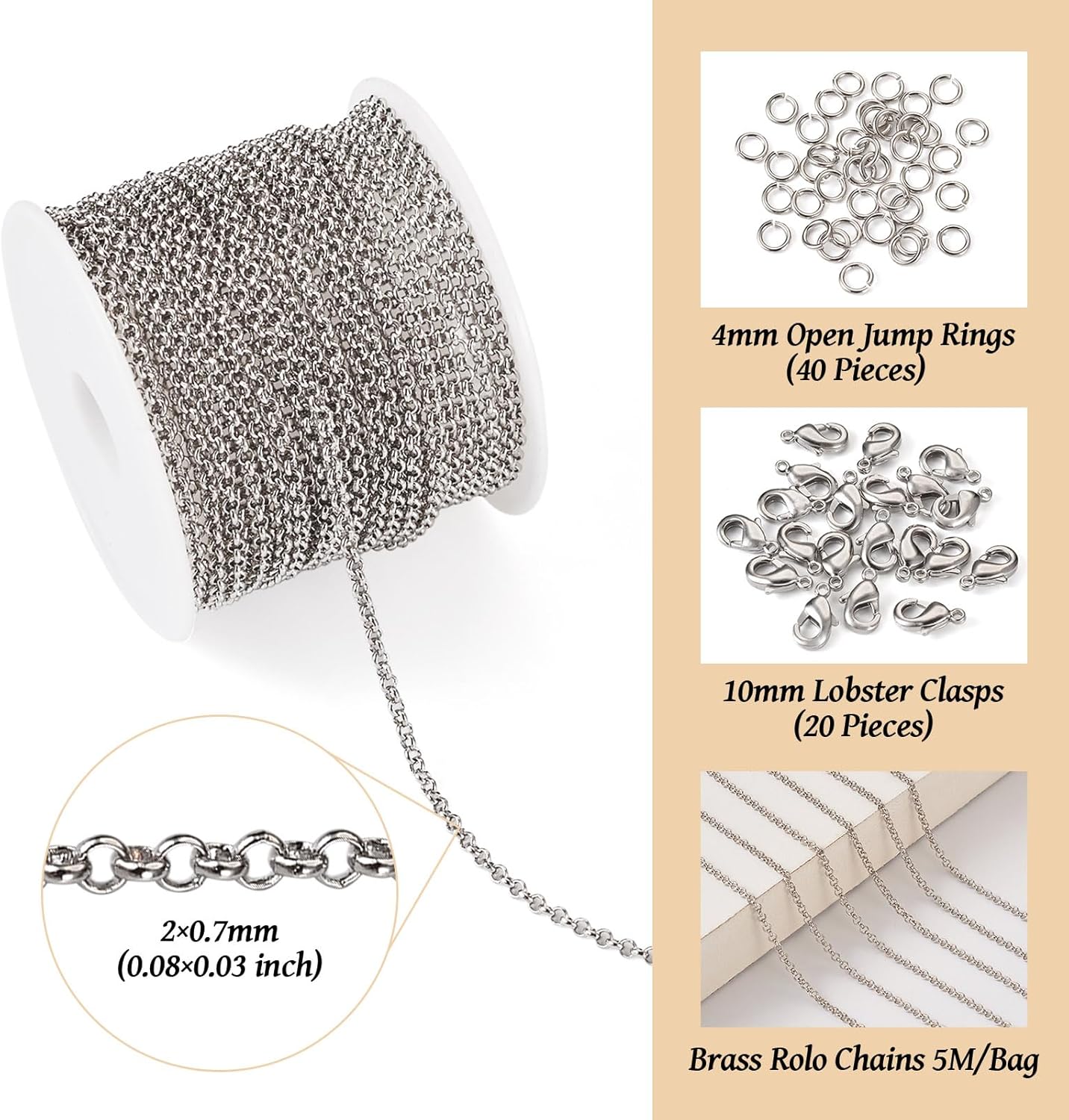 PH PandaHall White Gold Plated Rolo Chains 16.4 Feet Brass O Link Chains Platinum Soldered Jewelry Chains with Jump Rings Lobster Claw Clasps for Bracelet Necklace Jewelry Making - Image 5