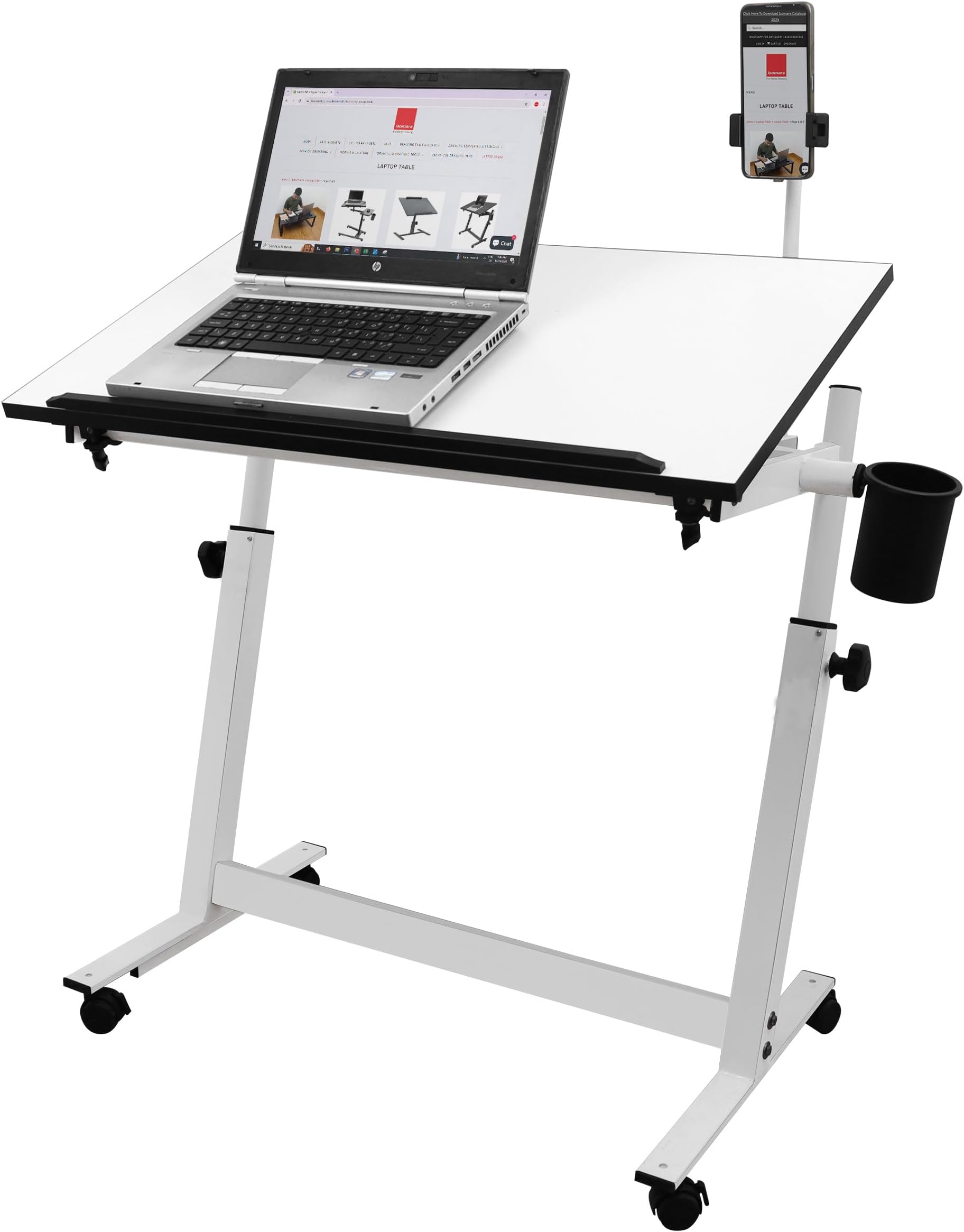 Isomars Engineered Wood Sit Stand Multipurpose Laptop and Study Desk Drawing Table | Caster Lockable Wheels | Adjustable Height and Angle for Work from Home and Office (White)