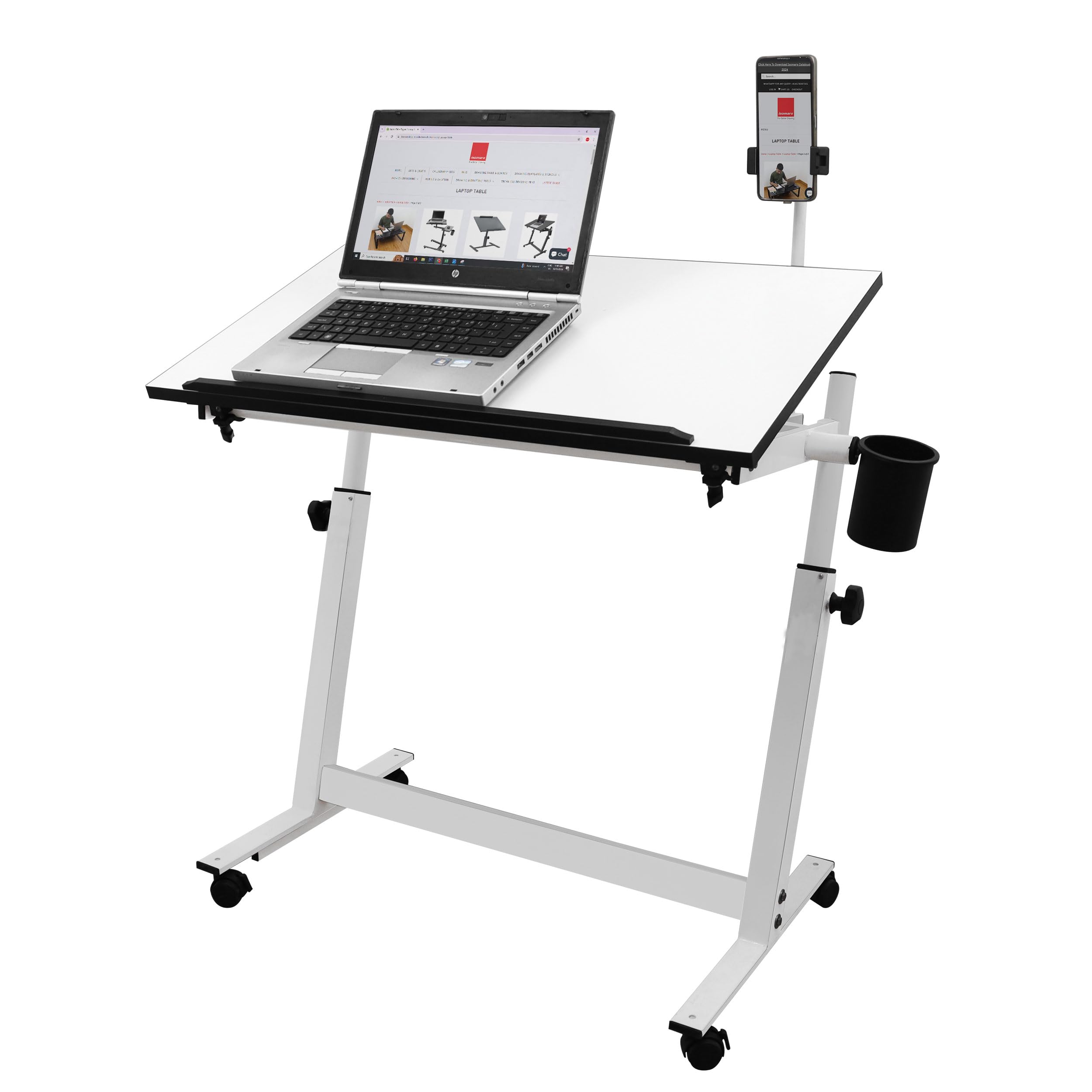Isomars Engineered Wood Sit Stand Multipurpose Laptop and Study Desk Drawing Table | Caster Lockable Wheels | Adjustable Height and Angle for Work from Home and Office (White)