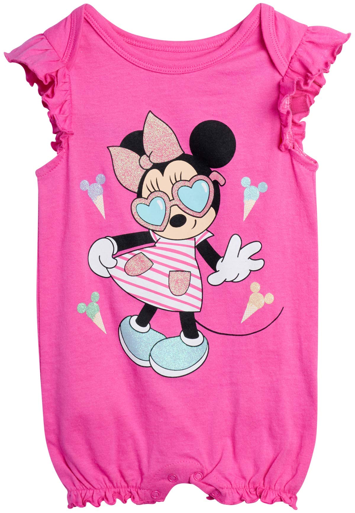 Disney Baby Girls Romper 2 Pack: Minnie Mouse Ruffle Sleeve Romper (Newborn/Infant), Size 0-3 Months, Hot Pink Minnie./ White Multi Hearts