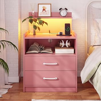 LED Nightstand with Charging Station, Night Stand with 2 Drawers and Open Storage, Bedside Table with LED Lights, Modern End Table with USB Ports Outlets, Pink