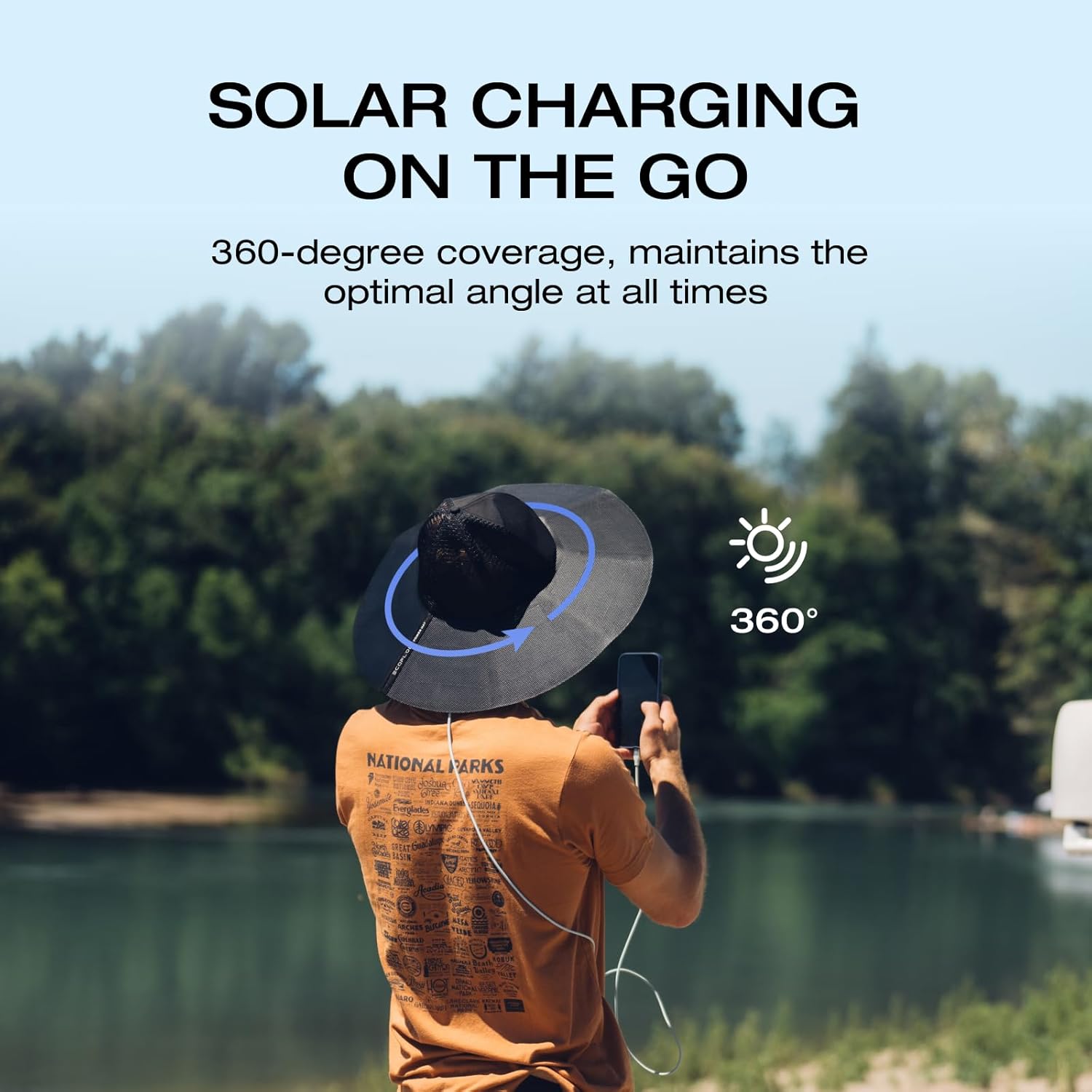 EF ECOFLOW Power Hat, Solar Charging Bucket Fishing Hat, Dual USB-A/USB-C Ports, SPF 50+ Wide Brim Sun Hats for Women, Men, Portable for Outdoor, Hiking, Mountain Climbing -Medium 22.8 in, Black