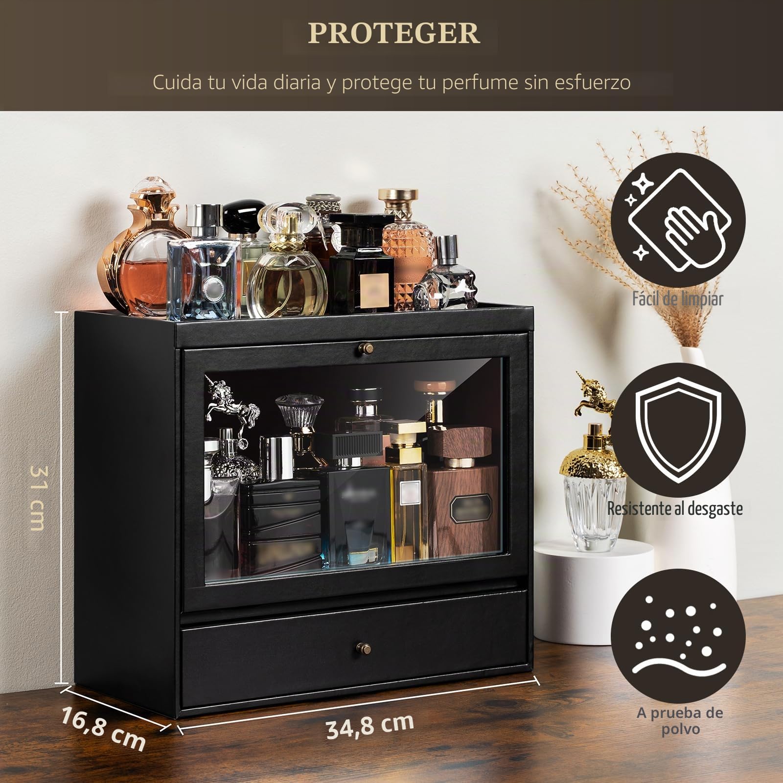 Organizador de perfume, soporte de perfume de cuero para hombre con cajón, estante para perfume con tapa transparente visible, caja de almacenamiento premium para fragancias, cosméticos y
