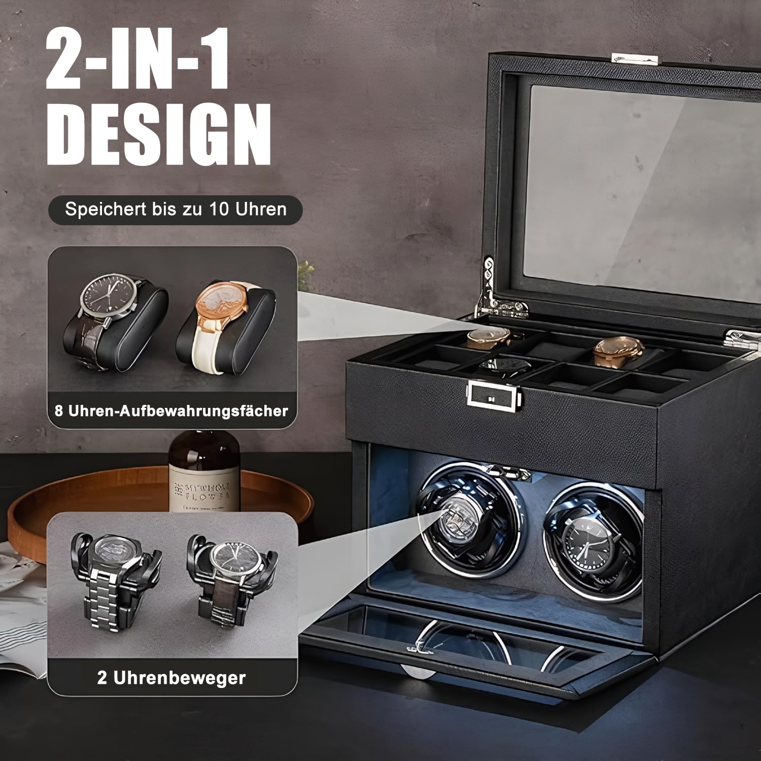 Watch Winder für Automatikuhren, mit LED-Beleuchtung und 8 zusätzlichen Aufbewahrungsboxen, automatische Uhrenbeweger-Box mit superleisem Motor, Verstellbarer Uhrenhalterung