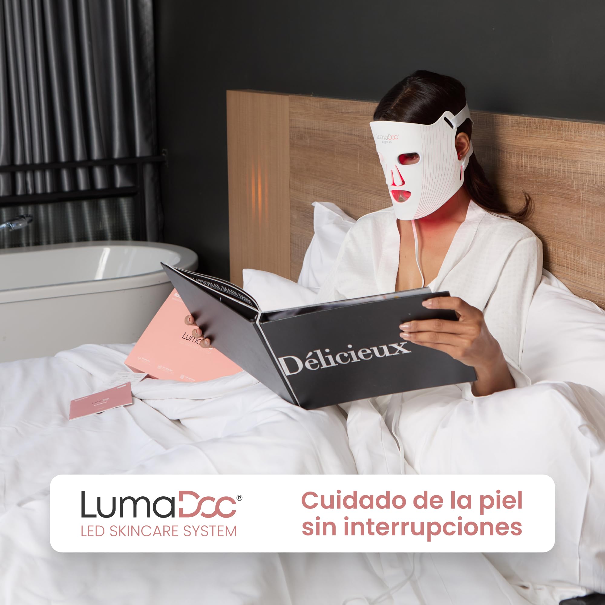 Máscara Facial de Terapia de Luz LED, Light RX, 96 Potentes LED Avanzados, Recargable, 4 Modos, 3 Longitudes de Onda Optimizadas, Rojo, Infrarrojo Cercano NIR, Azul