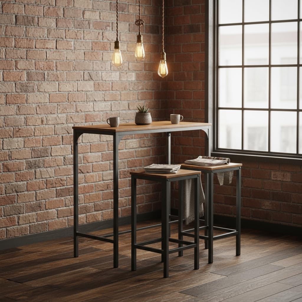 HOMYLIN Ensemble Table de Bar et chaises, Table de Bar Industrielle de 80 cm et 2 chaises (40 x 30 x 65 cm) pour Salon, Bar à Domicile, Marron