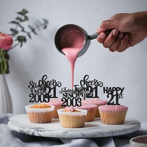 Miniatura 5 de Paquete de 30 adornos para cupcakes de 21 cumpleaños con purpurina recta hacia fuera de 2002 Happy 21st Twenty-one Awesome Since 2002 Picks Cupcake