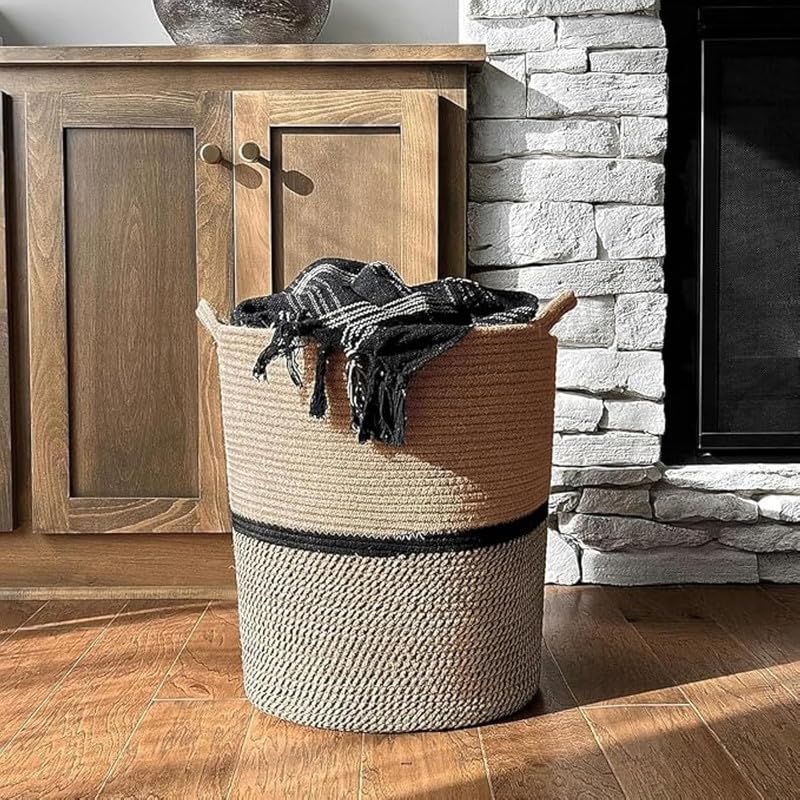 Image of Large Basket Natural Cotton Rope Storage Basket and Hamper for Cloths and Multi Usage in Living Room, Bedroom, Laundry Room (Size - 15 inch x 15 inch x 18 inch) (Beige Black Line)