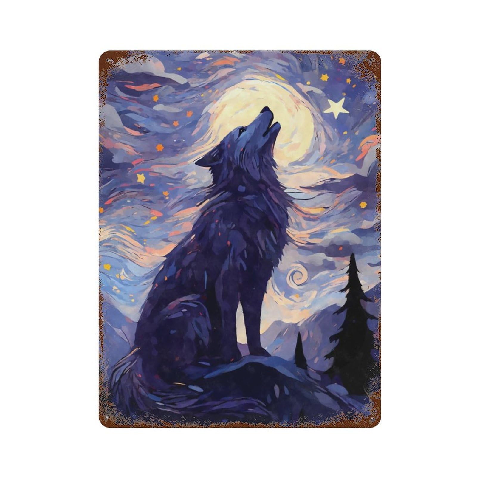 Howling Wolf Starry Night Rusty Metal Tin Sign 15.7"x11.8", Ideal for Farmhouse, Kitchen And Entryway Decor