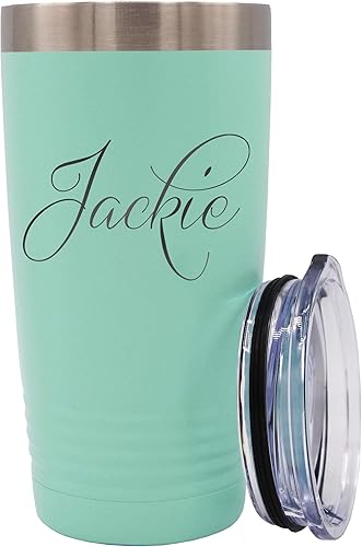 Vaso de viaje de acero inoxidable de doble pared aislado al vacío grabado personalizado con tu nombre personalizado (20 onzas, azul turquesa) Negro