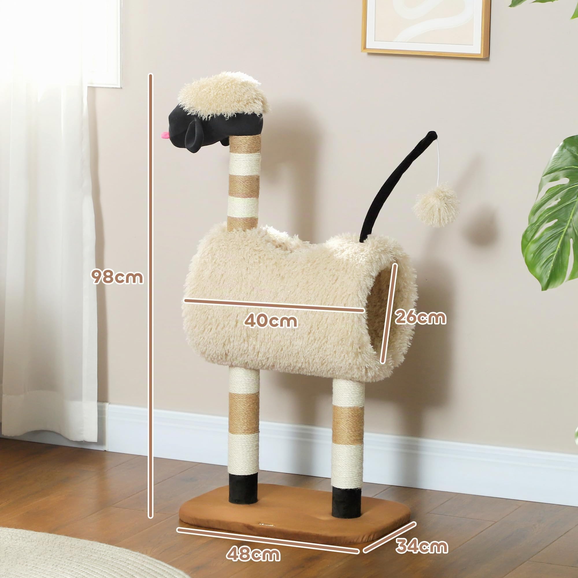 PawHut Arbre à Chat Mouton Tunnel Chaton intérieur 98cm Marron Clair