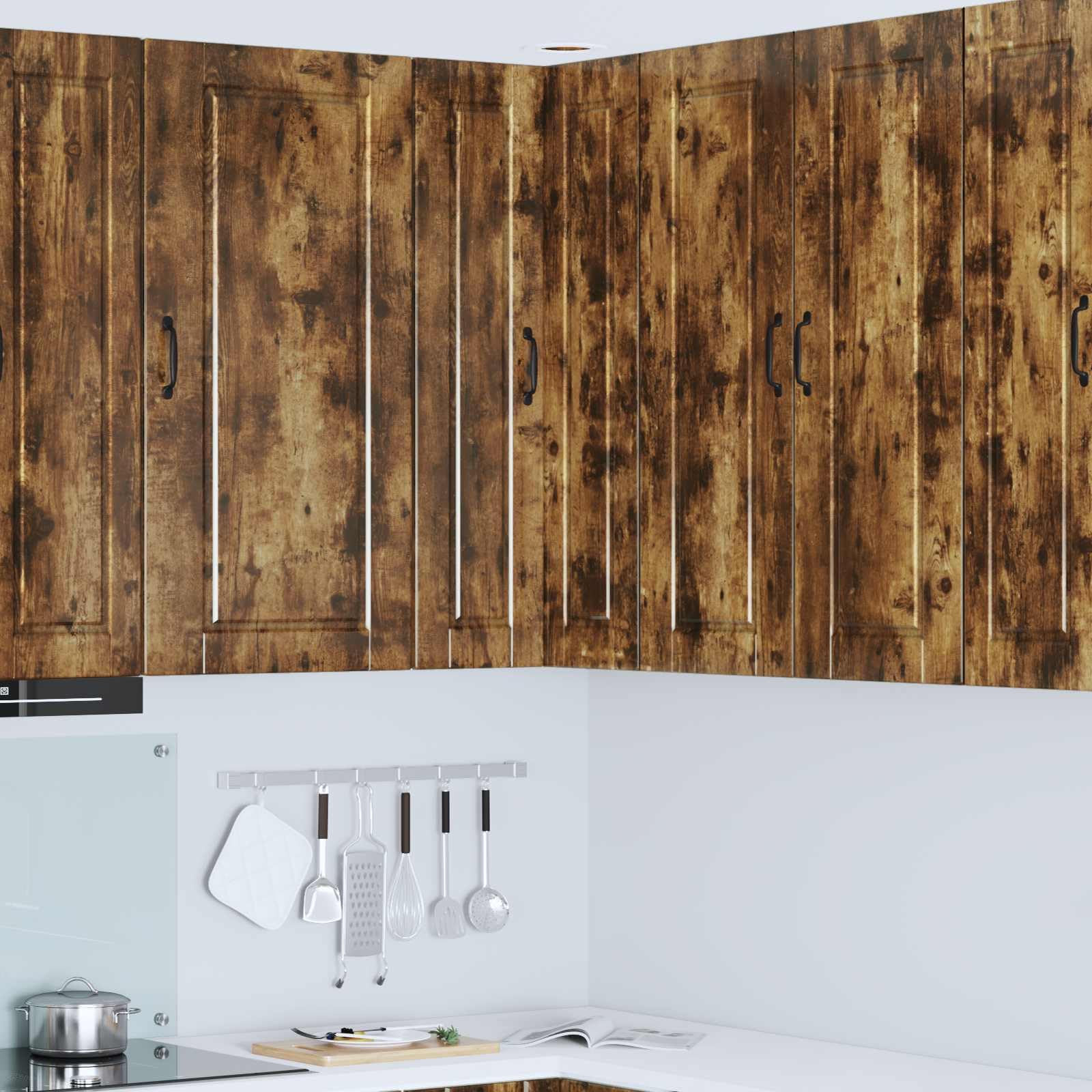 Armario esquinero Porto de madera de roble ahumado, 57 x 57 x 100 cm, 3 estantes, 2 puertas, armario colgante con espacio de almacenamiento para cocina, comedor, salón y pasillo