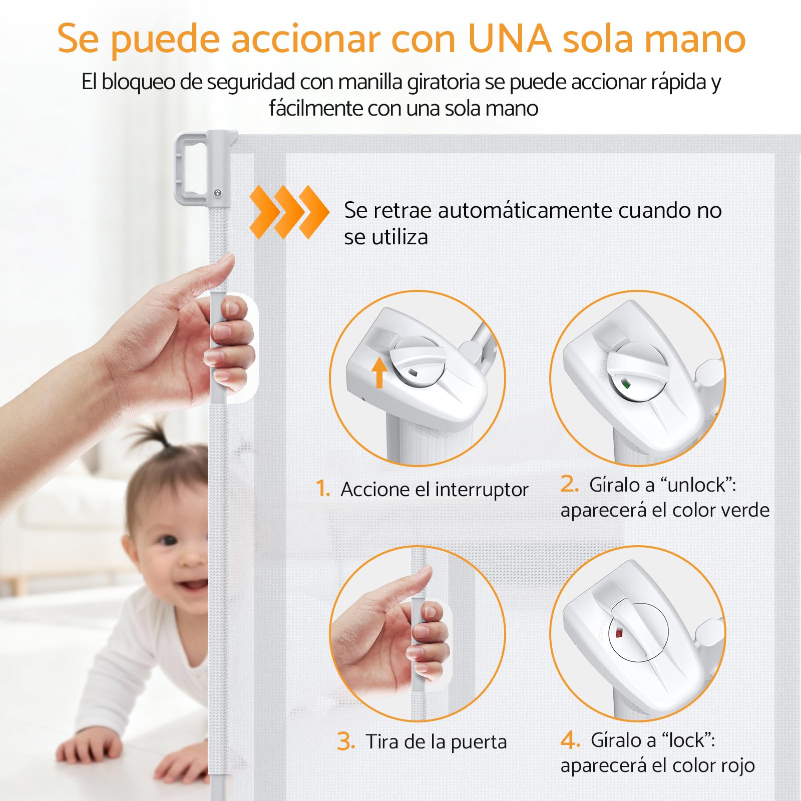 Barrera de Seguridad Extensible para Niños y Mascotas, de 0-140 cm, Barrera Retráctil con Refuerzo de Fibra de Vidrio y Cierre de Pomo, para Escaleras, Uso en Interiores y Exteriores, Blanco