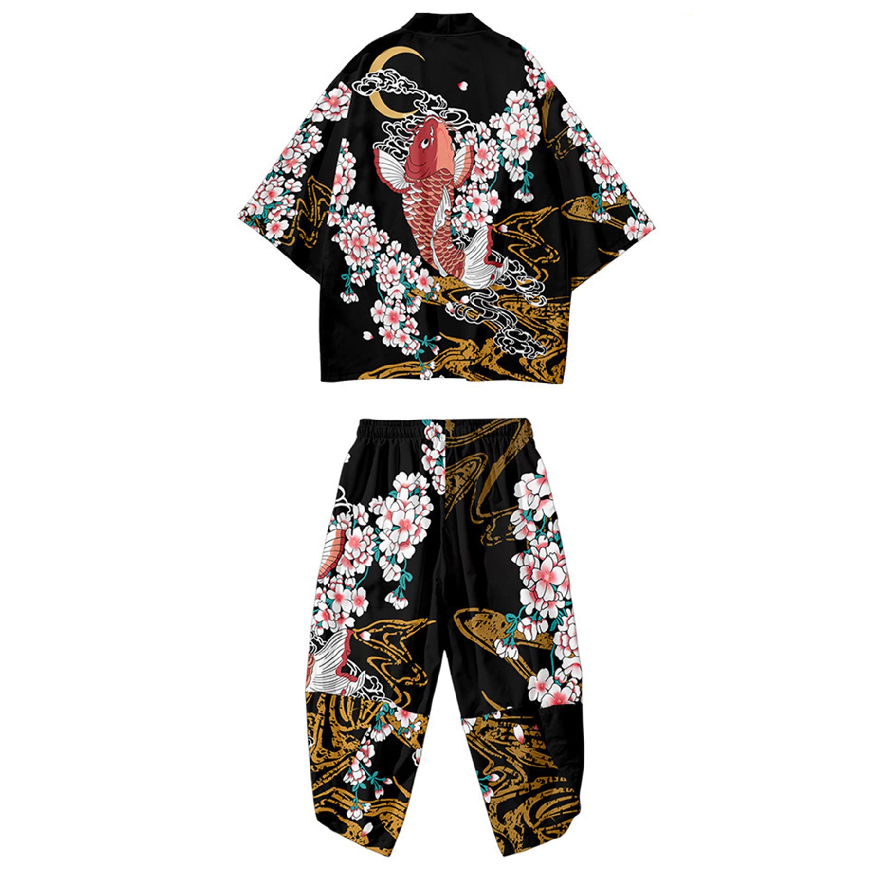 Mens Kimono Set Japanese Kimono Shirt &amp; Shorts 2 Piece Summer Beach Outfits